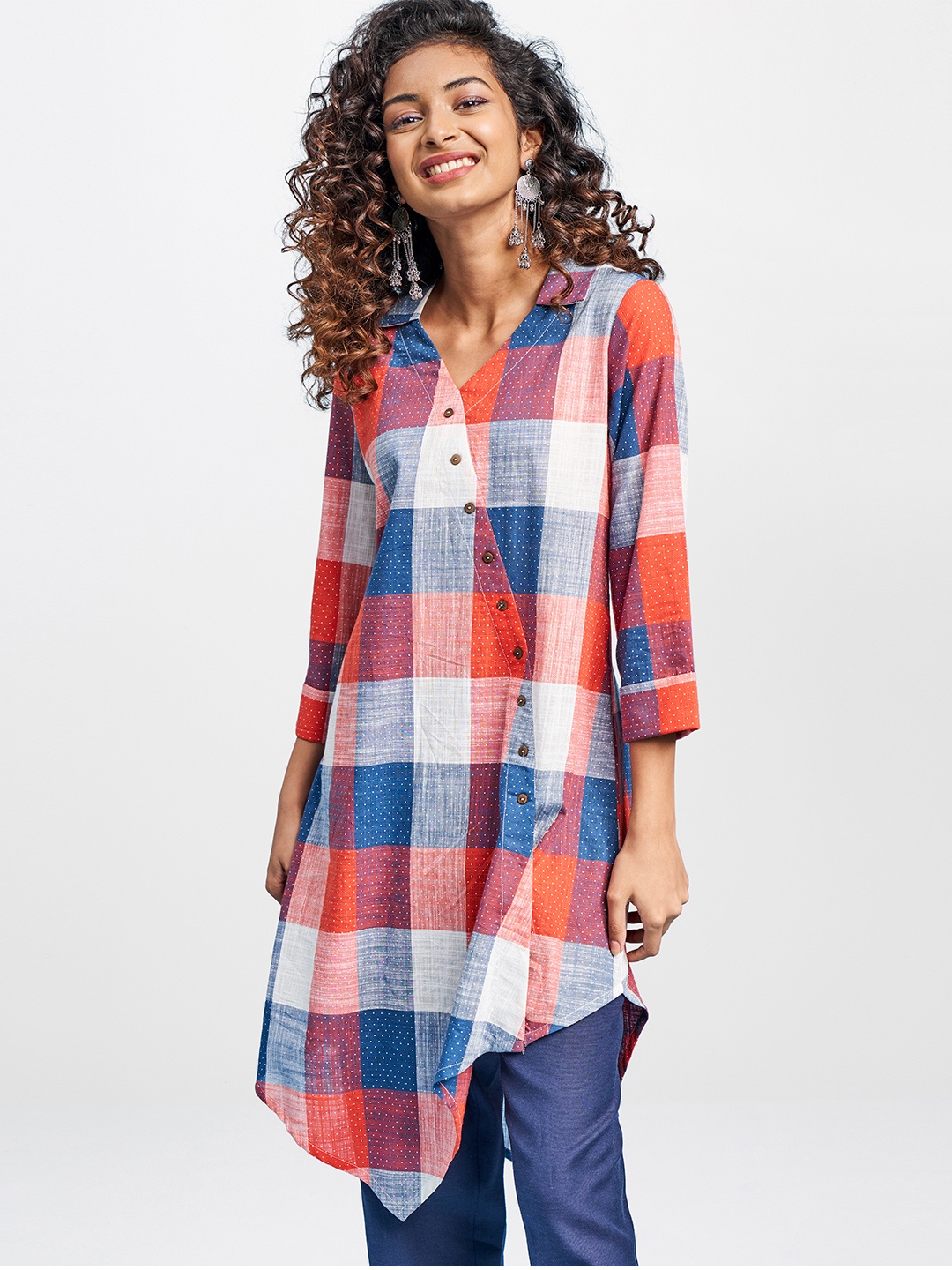 

Global Desi Multicoloured Shirt Collar Asymmetric Checked Tunic, Multi
