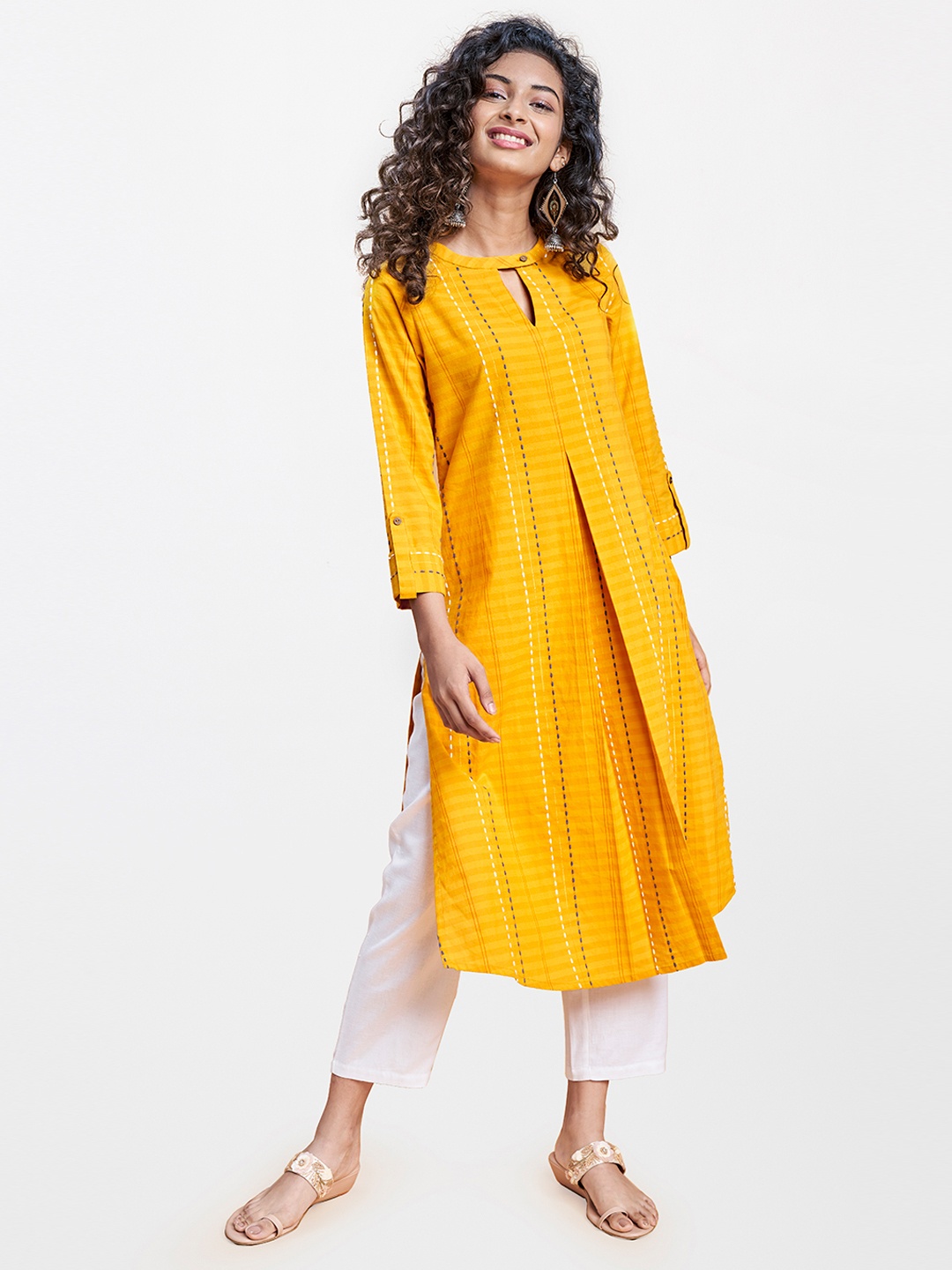 

Global Desi Women Mustard Yellow & White Embroidered Keyhole Neck Kurta
