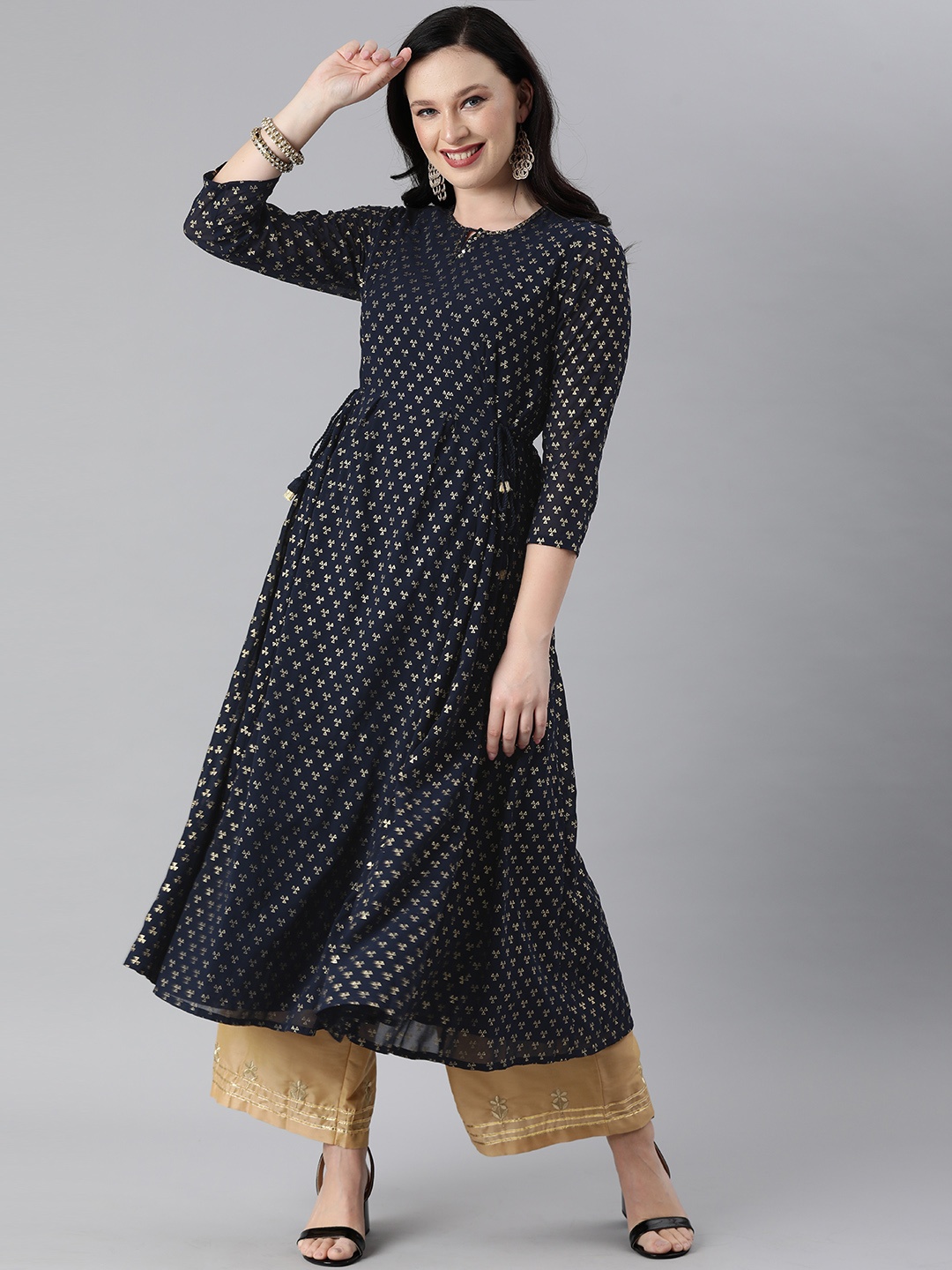 

Global Desi Women Navy Blue & Gold-Coloured Printed Keyhole Neck A-Line Kurta
