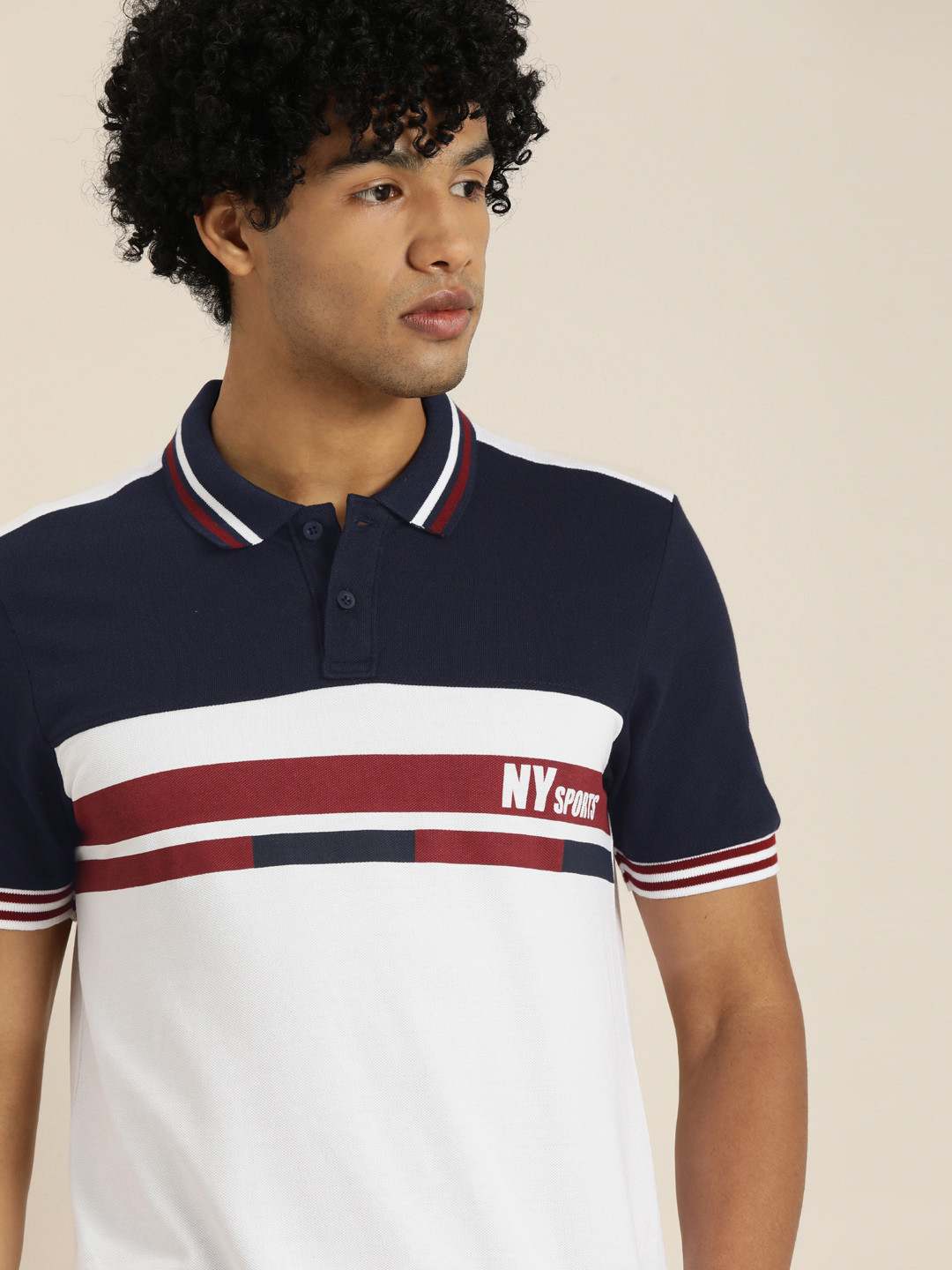 

Moda Rapido Men White Navy Blue Colourblocked Polo Collar Pure Cotton T-shirt