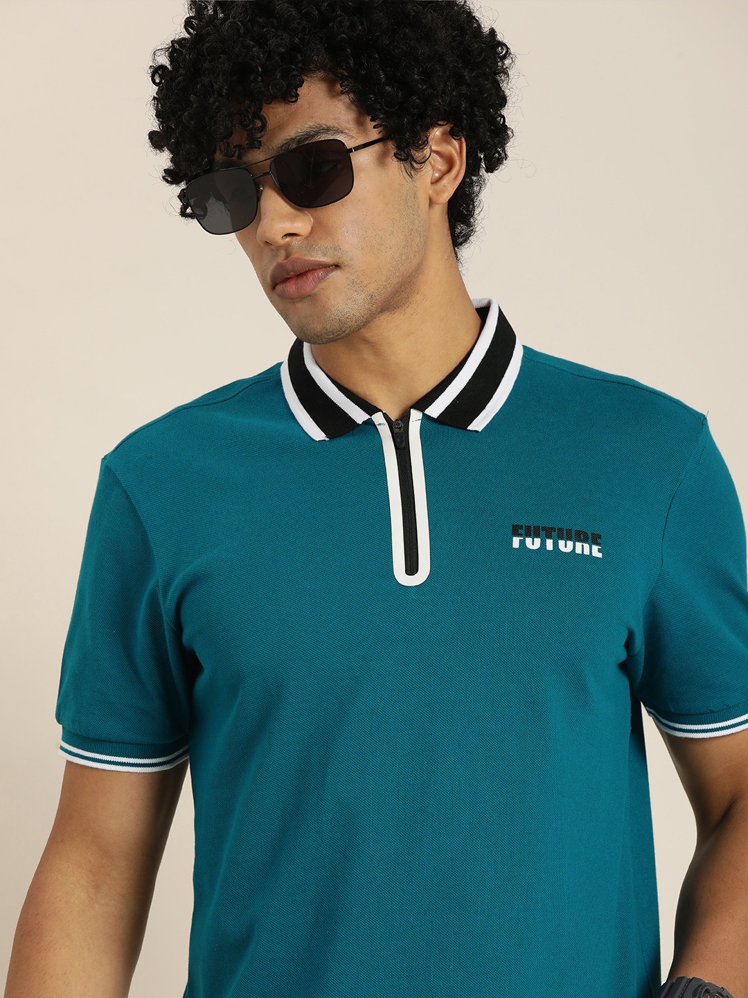 

Moda Rapido Men Teal Blue Polo Collar Pure Cotton T-shirt with Printed Detail