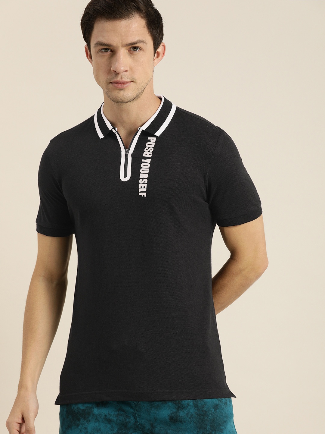 

Moda Rapido Men Black White Printed Polo Collar Pure Cotton T-shirt