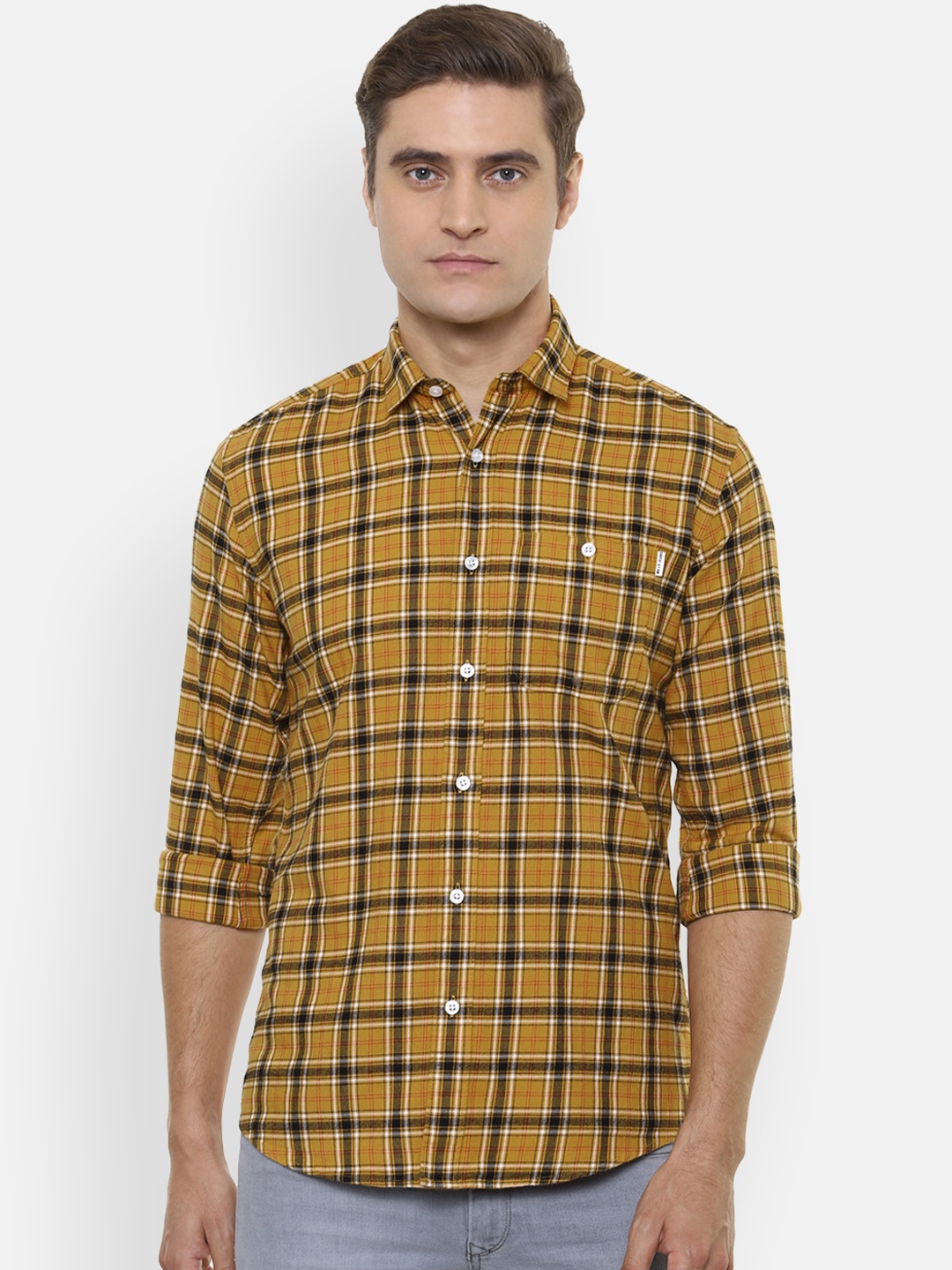 

Louis Philippe Jeans Men Yellow Slim Fit Checked Cotton Casual Shirt