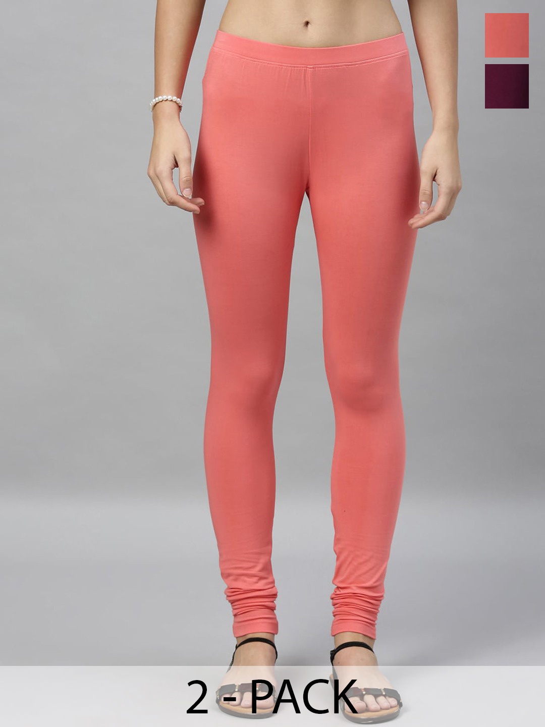 

Kryptic Women Pack of 2 Solid Churidar-Length Leggings, Peach