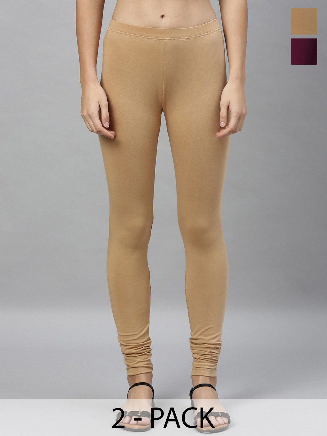 

Kryptic Women Pack of 2 Solid Churidar-Length Leggings, Beige