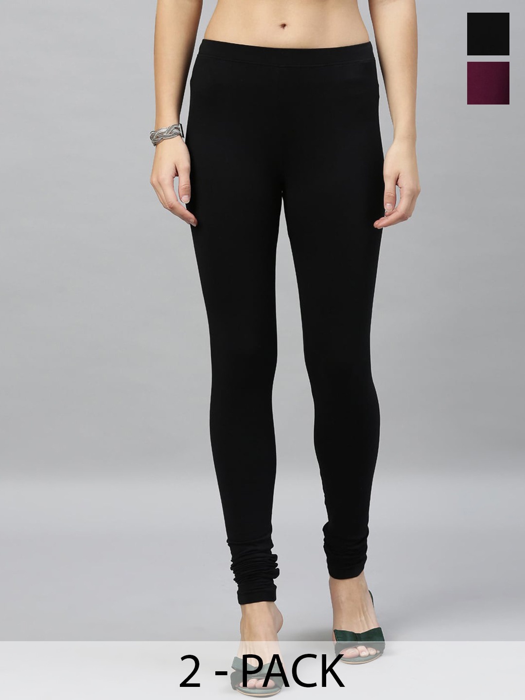

Kryptic Women Pack of 2 Solid Churidar-Length Leggings, Black