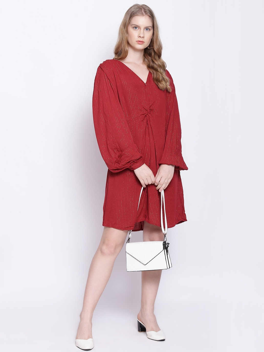

Oxolloxo Brick Tailo Lurex Striped V-Neck Cuffed Sleeves A-Line Dress, Red