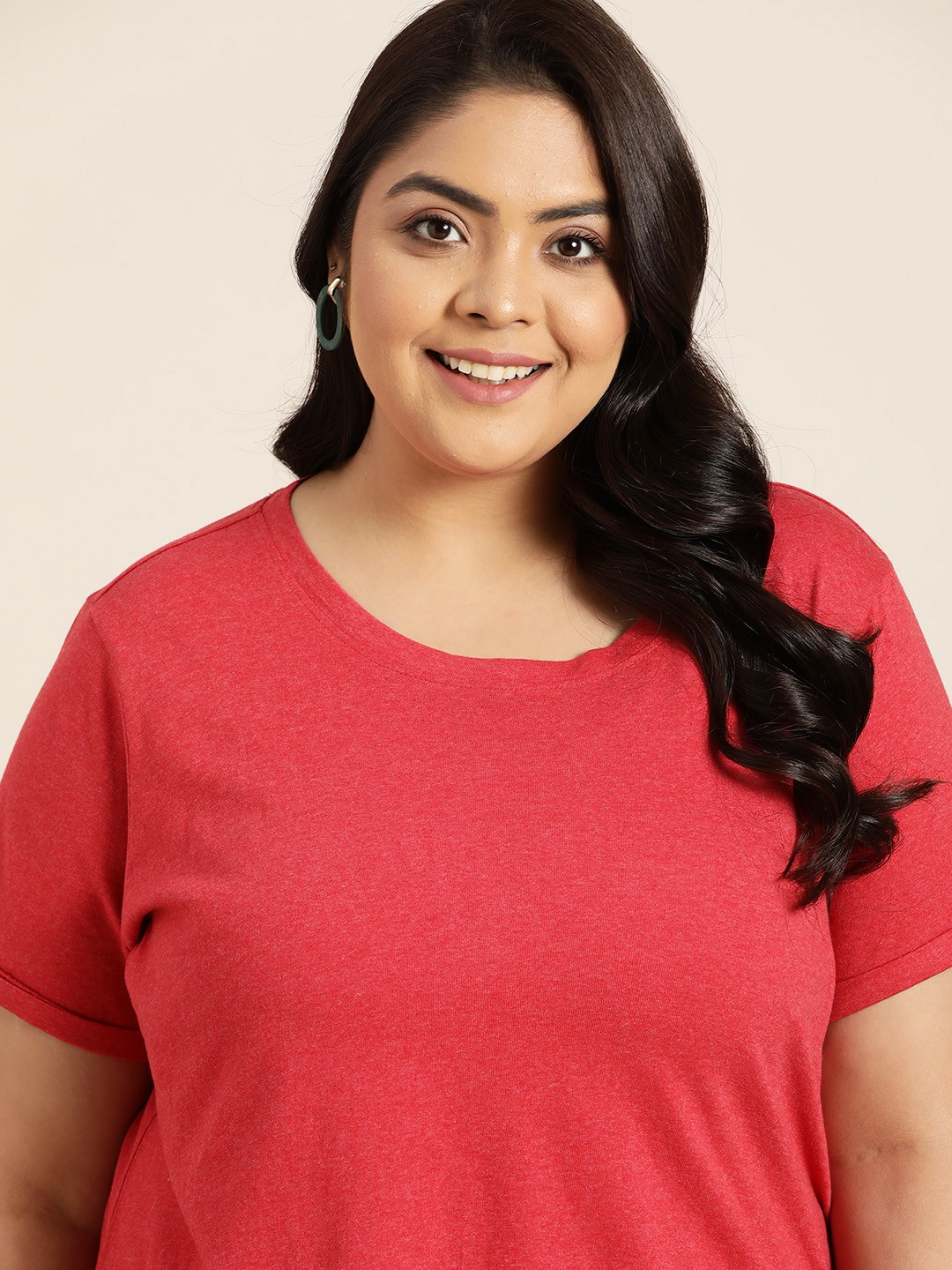 

Sztori Women Plus Size Coral Red Recycled Cotton Solid T-shirt