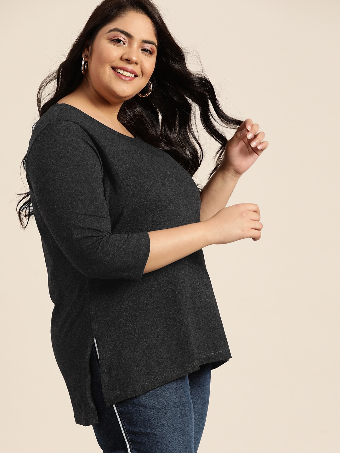 

Sztori Women Plus Size Charcoal Grey Recycled Cotton Solid T-shirt