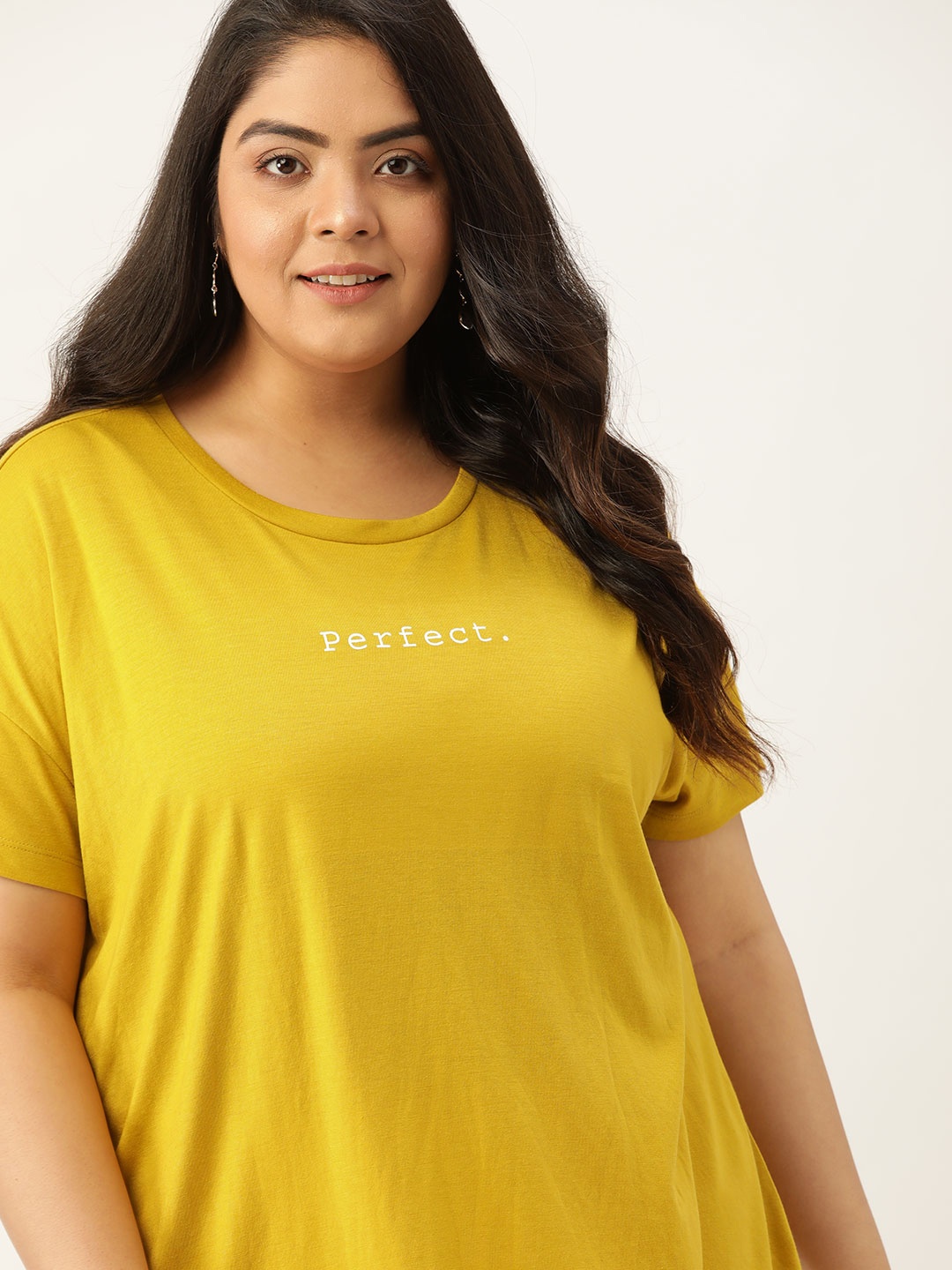 

Sztori Women Plus Size Mustard Yellow Solid Drop-Shoulder Sleeves T-shirt