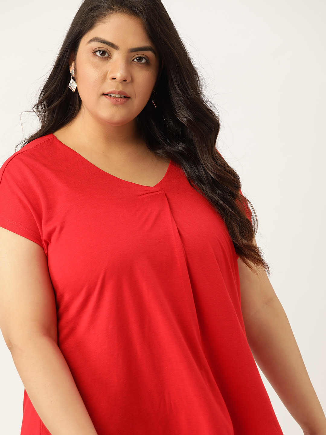 

Sztori Plus Size Red Solid Extended Sleeves Regular Top