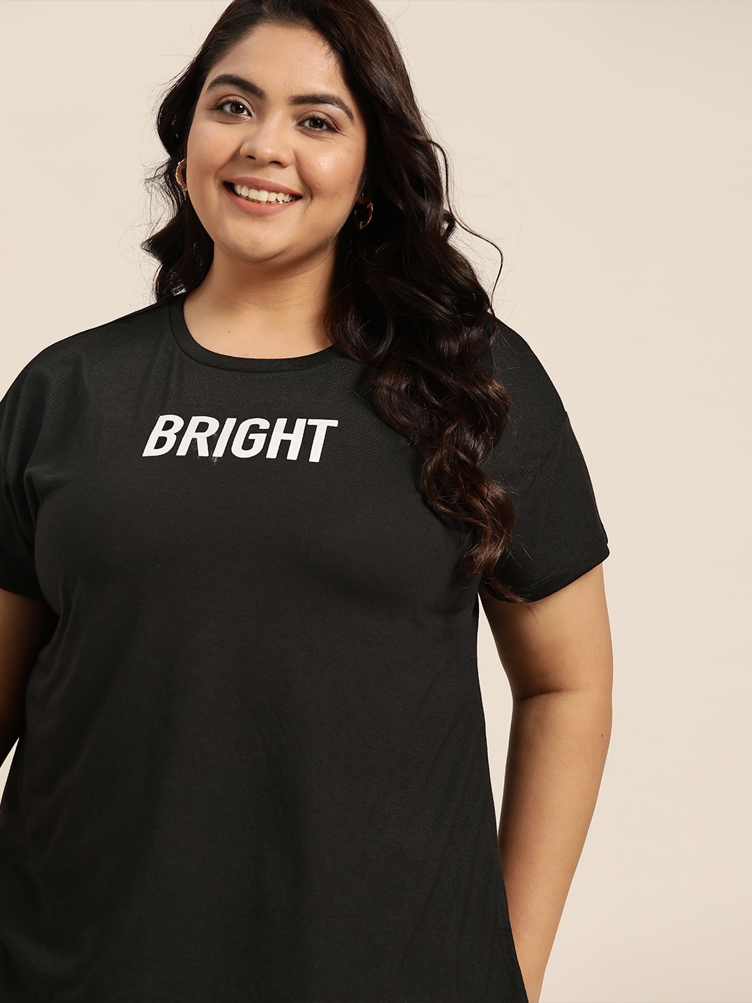 

Sztori Women Plus Size Black & White Typography Print Drop-Shoulder Sleeves T-shirt