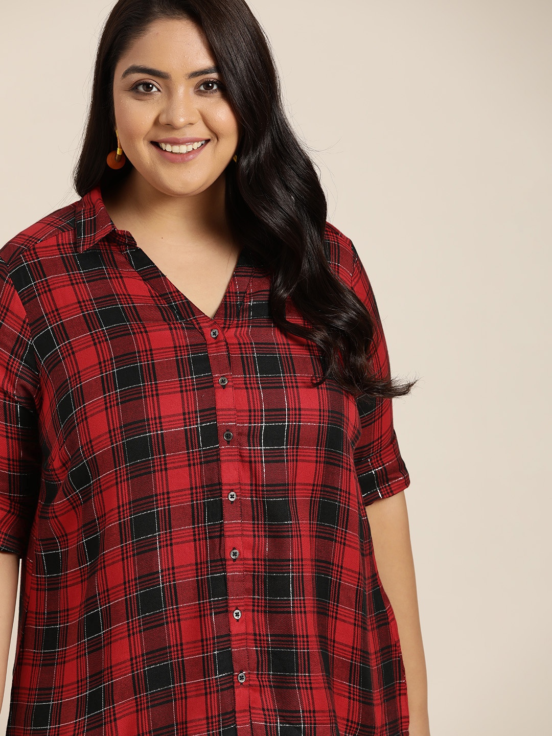 

Sztori Women Plus Size Red & Black Tartan Checked Casual Shirt