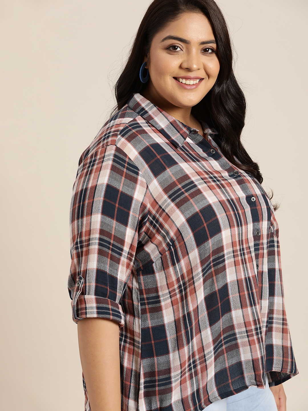 

Sztori Women Plus Size Pink & Navy Blue Tartan Checked Roll-Up Sleeves Casual Shirt