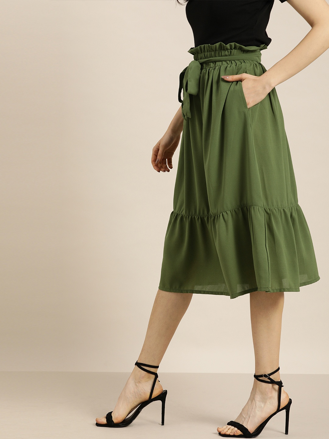 

Moda Rapido Women Olive Green Tiered Waist Tie-Up Flared Skirt