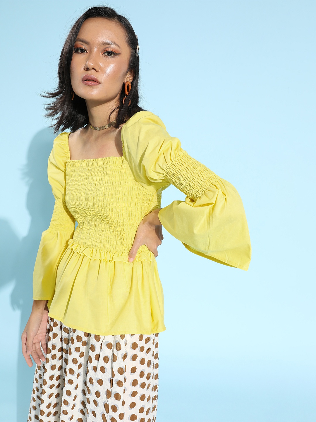 

Moda Rapido Women Bright Yellow Self Design Top