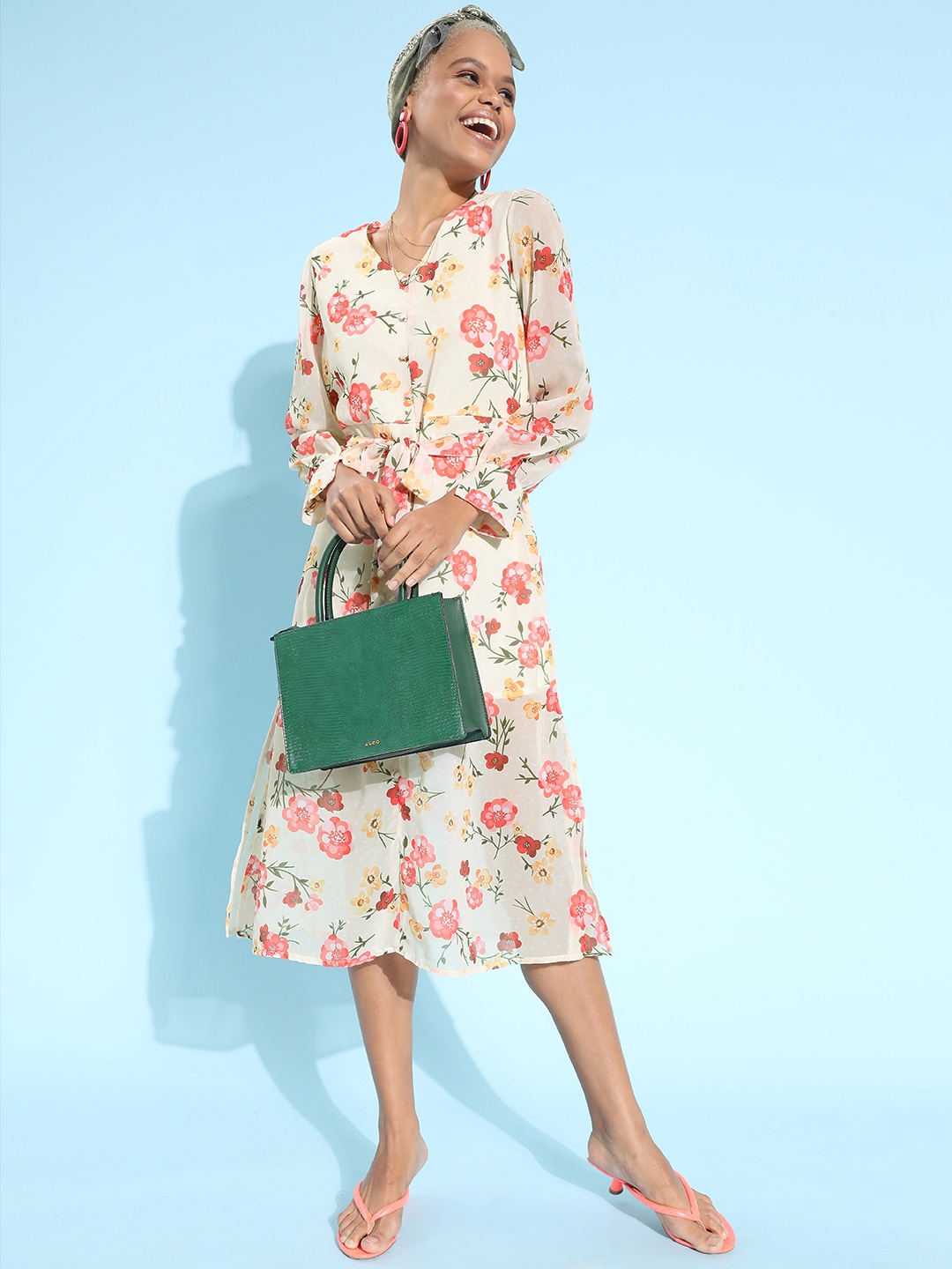 

Moda Rapido Cream-Coloured Floral Printed A-Line Midi Dress