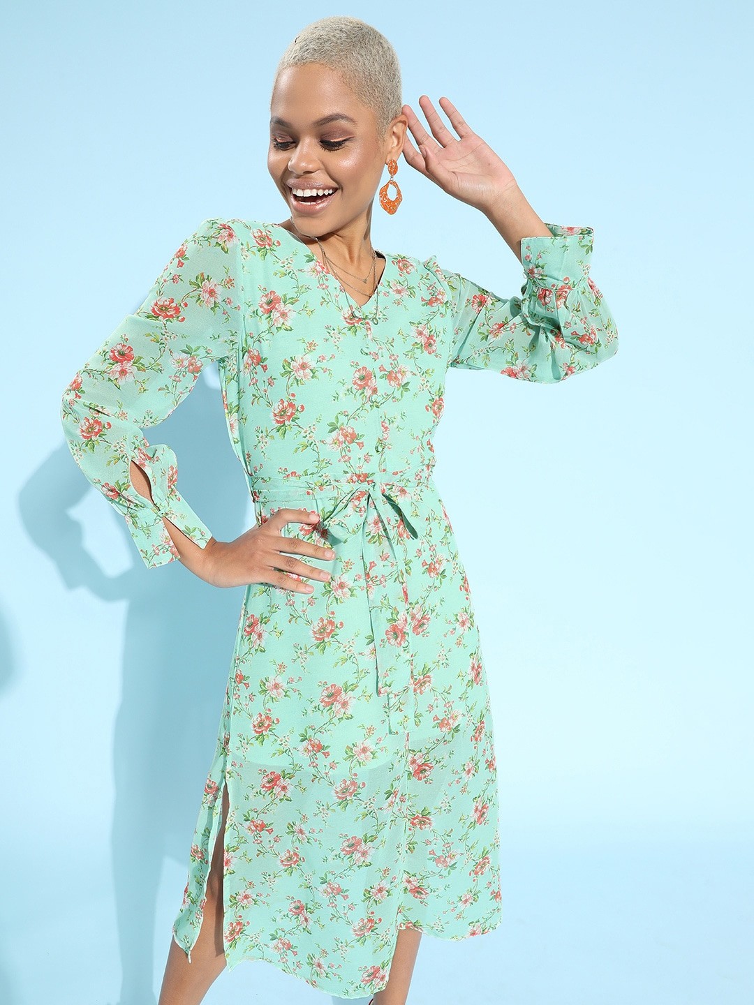 

Moda Rapido Green & Red Printed A-Line Midi Dress