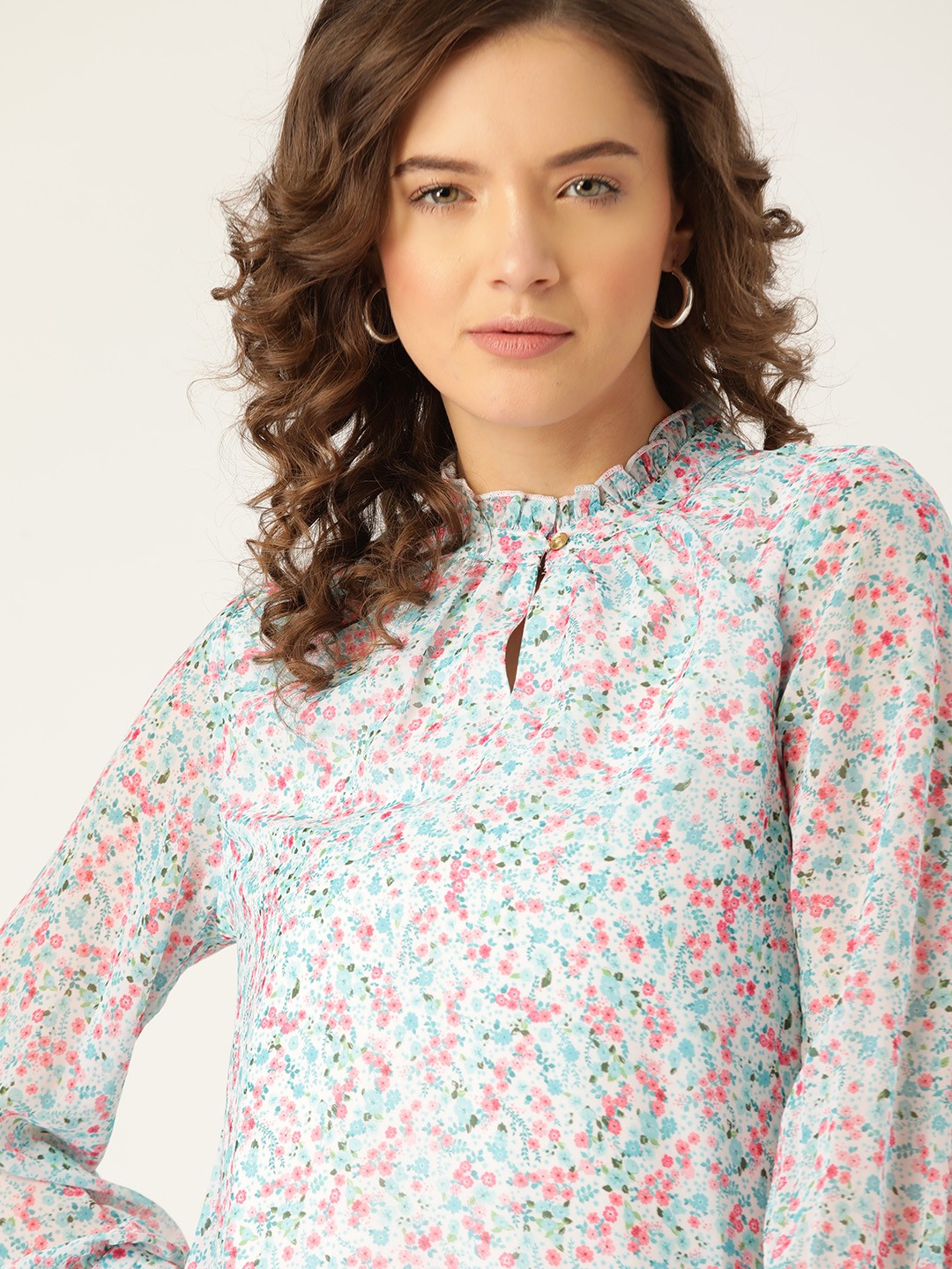 

Moda Rapido Off White & Pink Floral Keyhole Neck Regular Top
