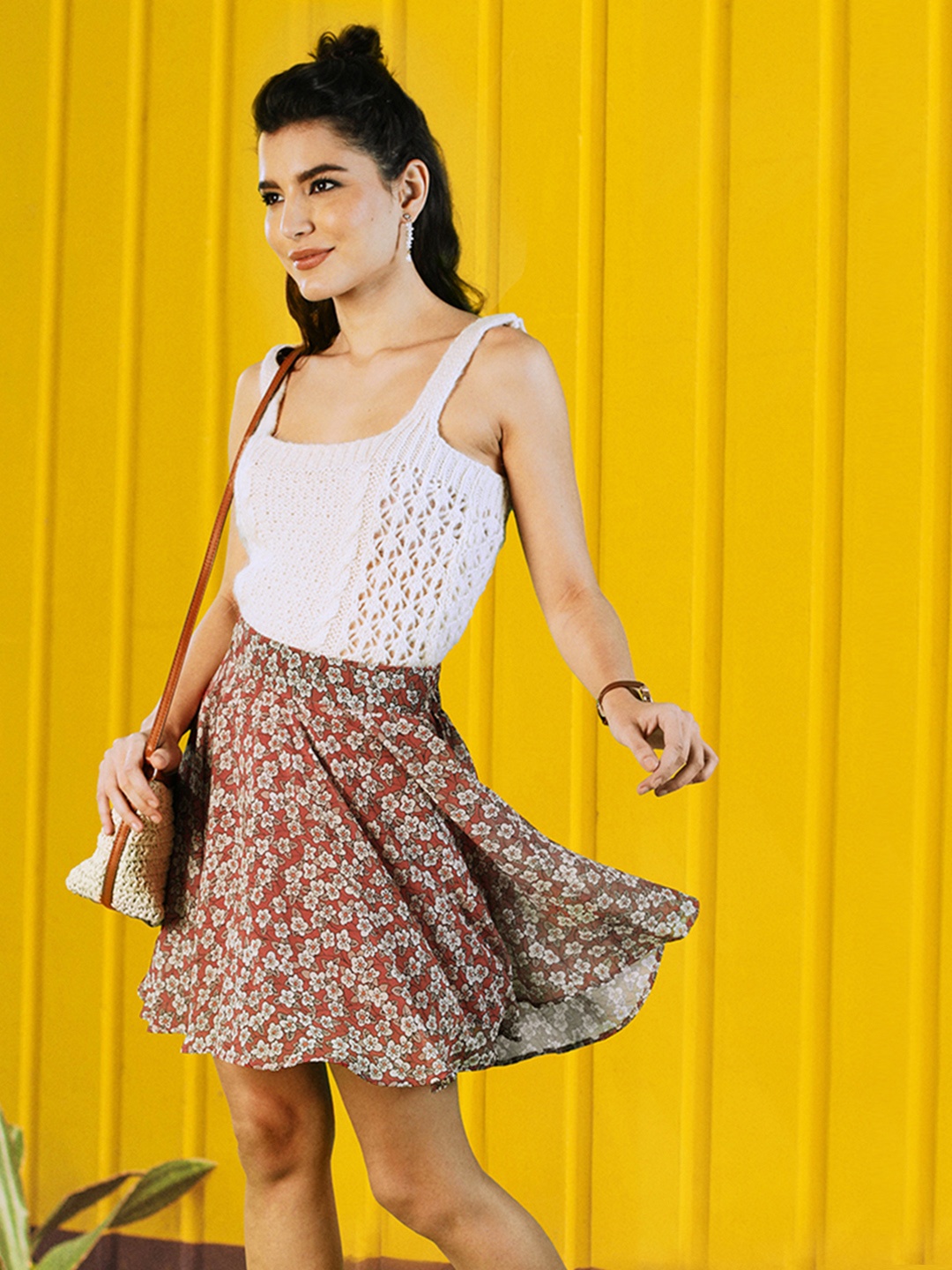 

Moda Rapido Women Rust Red & White Floral Print Flared Skirt
