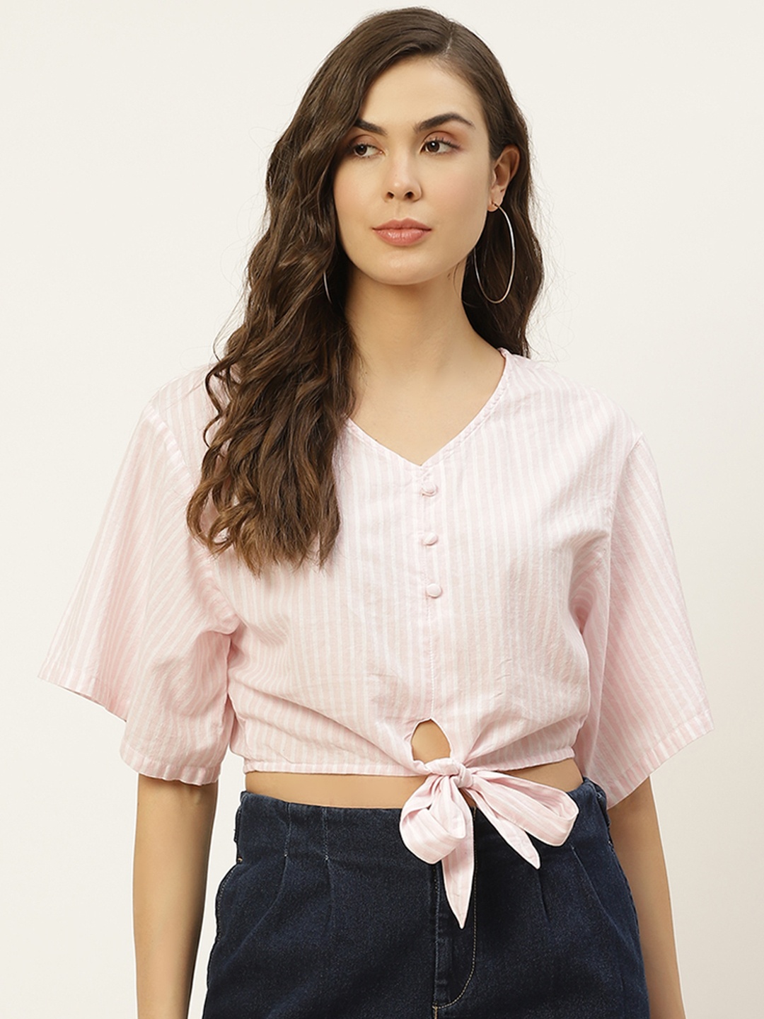

Moda Rapido Pink & White Striped Pure Cotton Crop Top