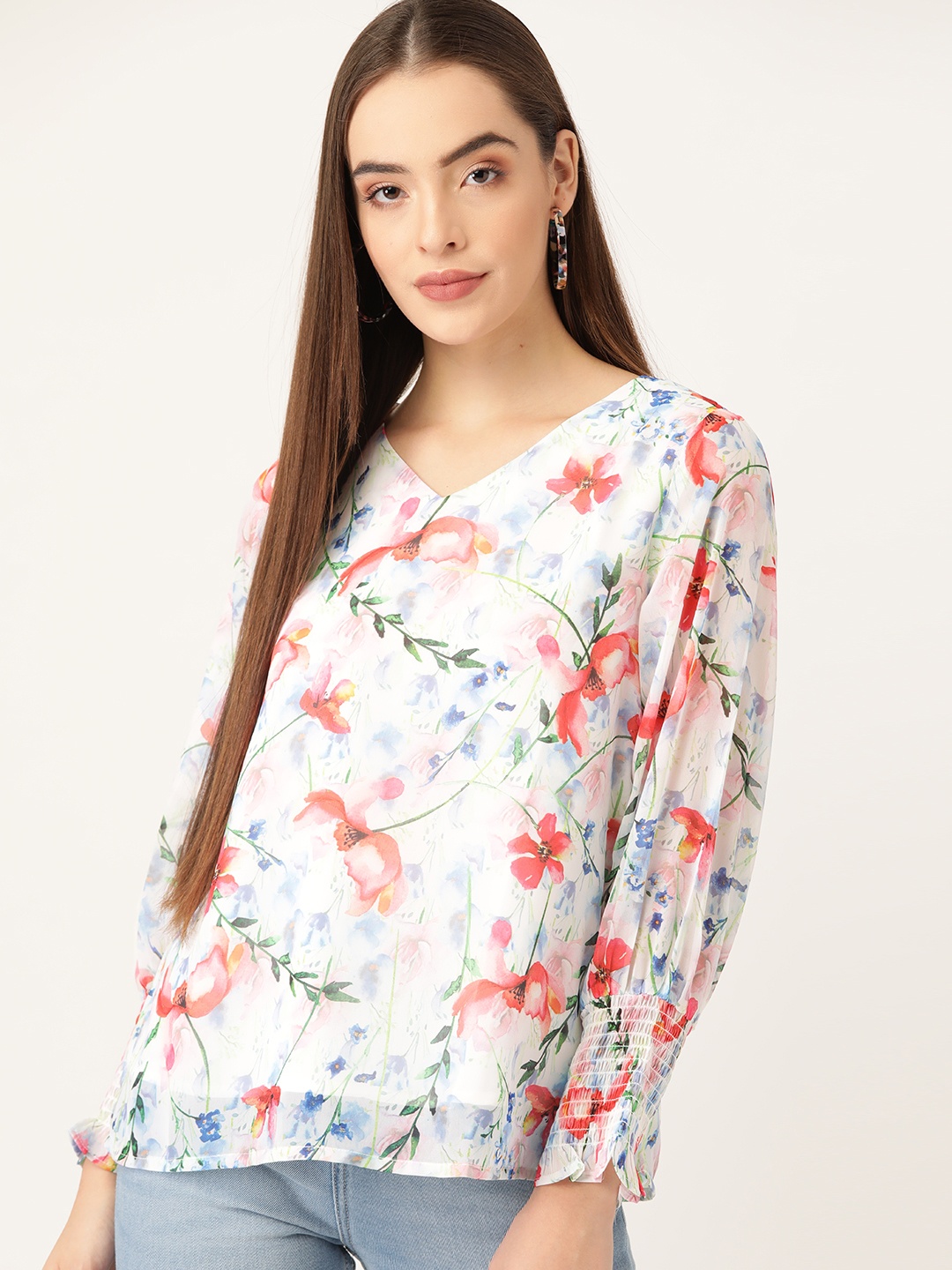 

Moda Rapido White & Coral Pink Floral Puff Sleeves Smocked Regular Top