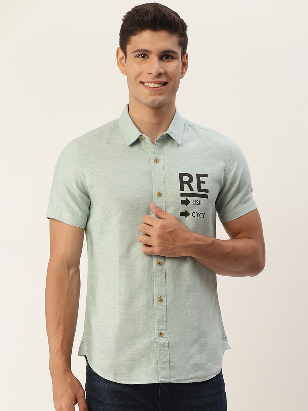 

United Colors of Benetton Men Green Oxford Slim Fit Printed Casual Shirt
