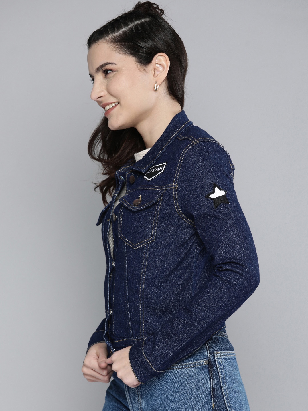 

HERE&NOW Women Navy Blue Printed Denim Jacket