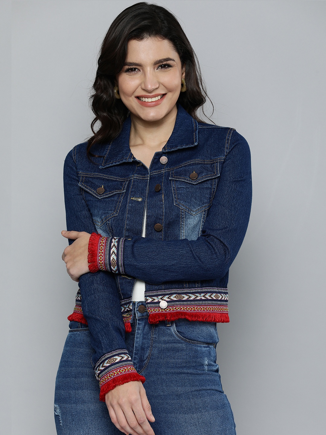 

HERE&NOW Women Navy Blue Washed Crop Denim Jacket