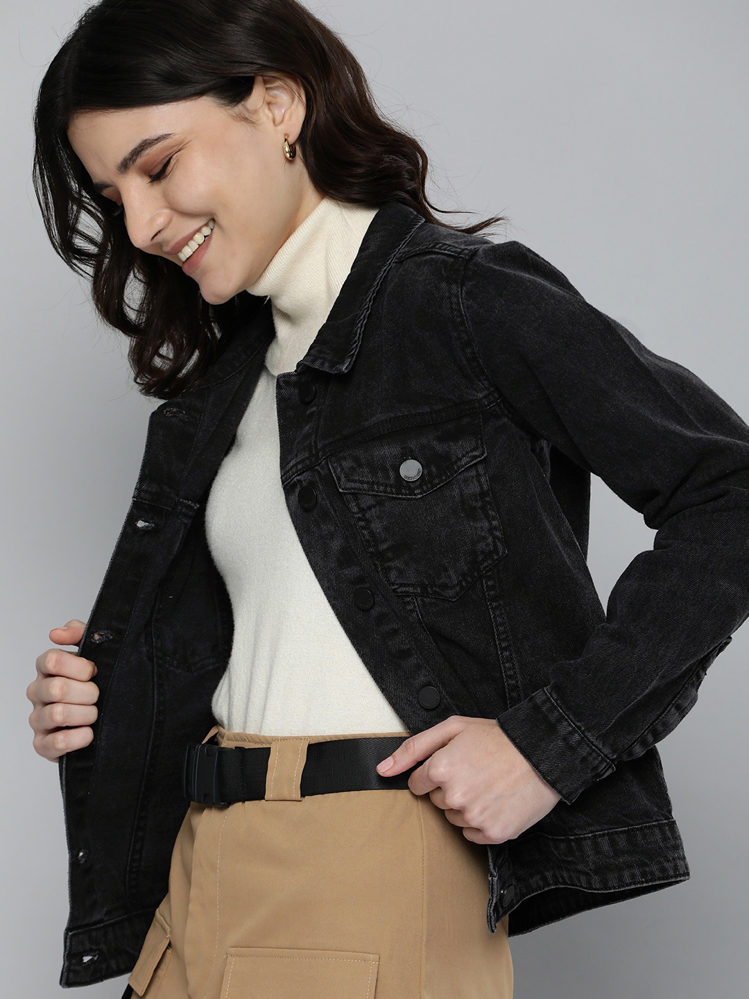 

HERE&NOW Women Black Washed Pure Cotton Denim Trucker