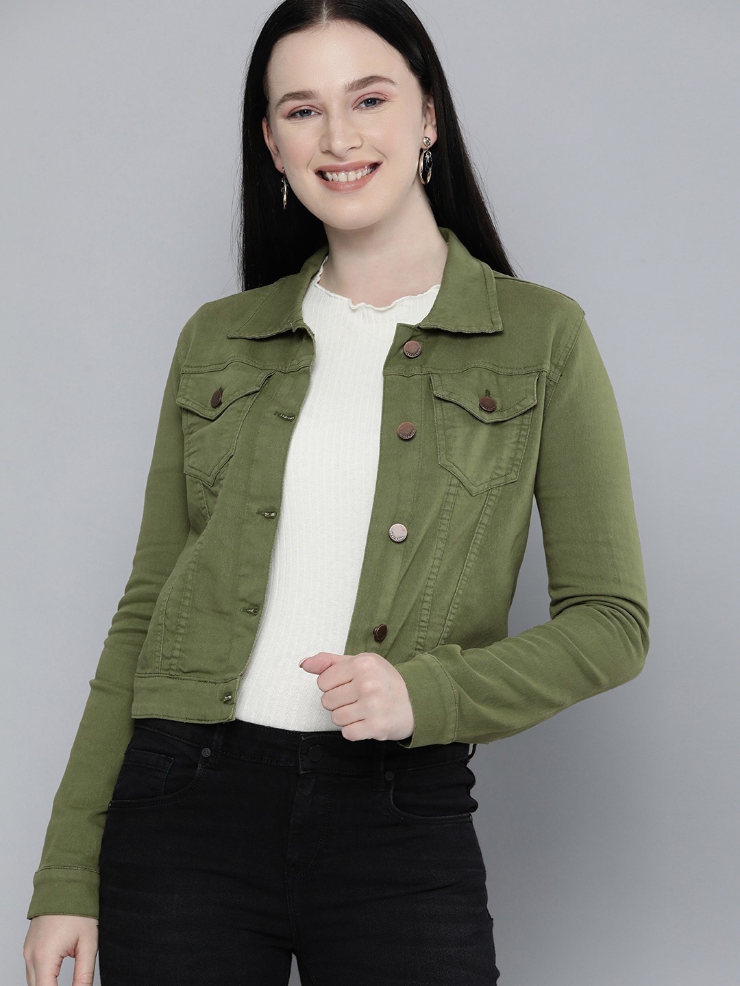 

HERE&NOW Women Olive Green Denim Jacket