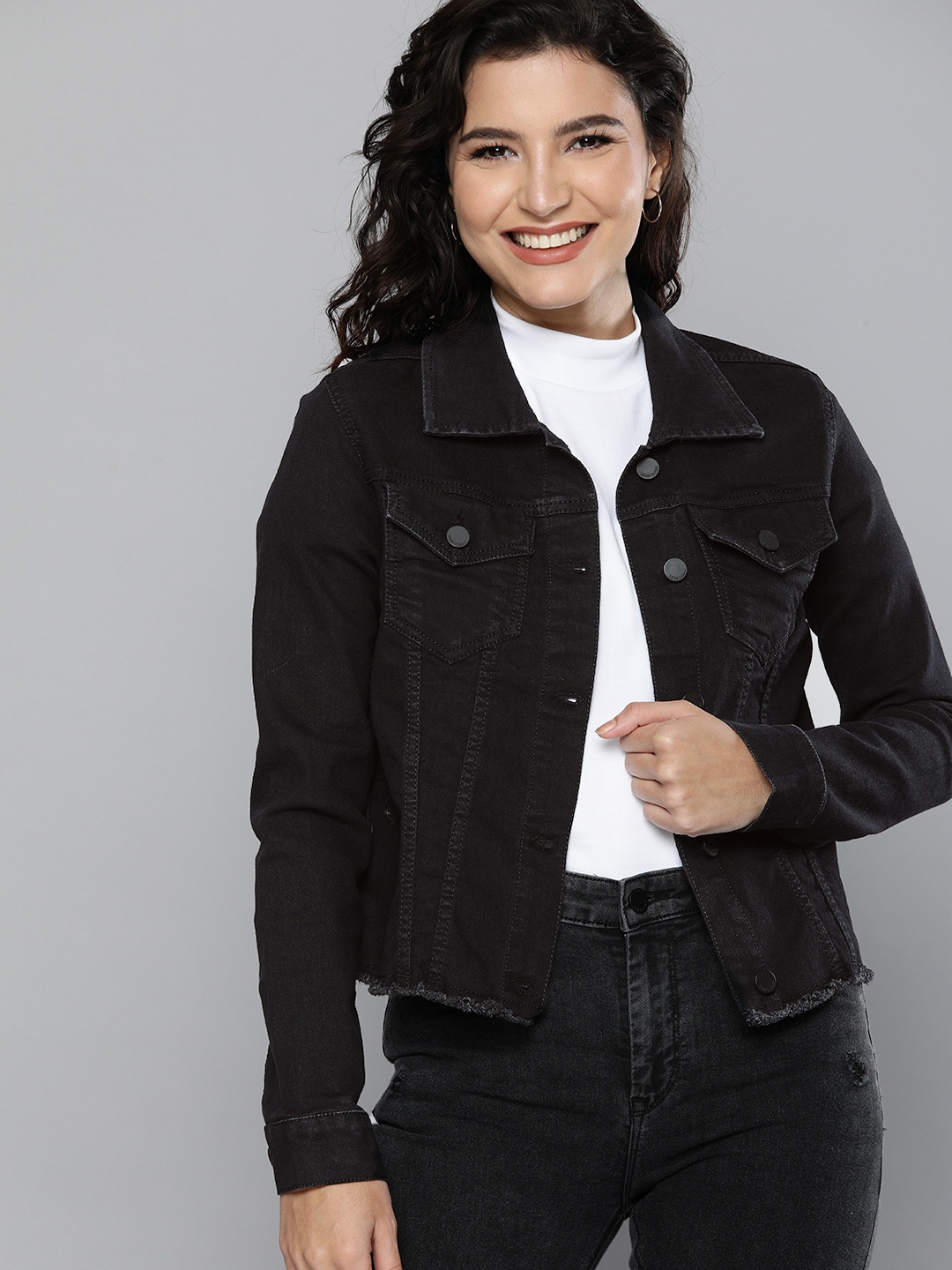 

HERE&NOW Women Black Solid Denim Jacket