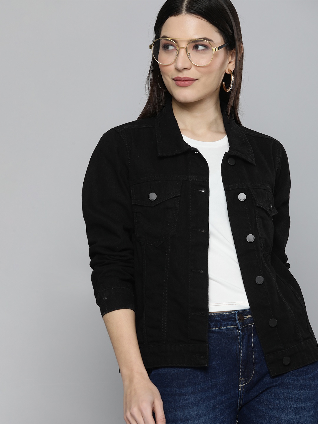 

HERE&NOW Women Black Solid Pure Cotton Denim Jacket