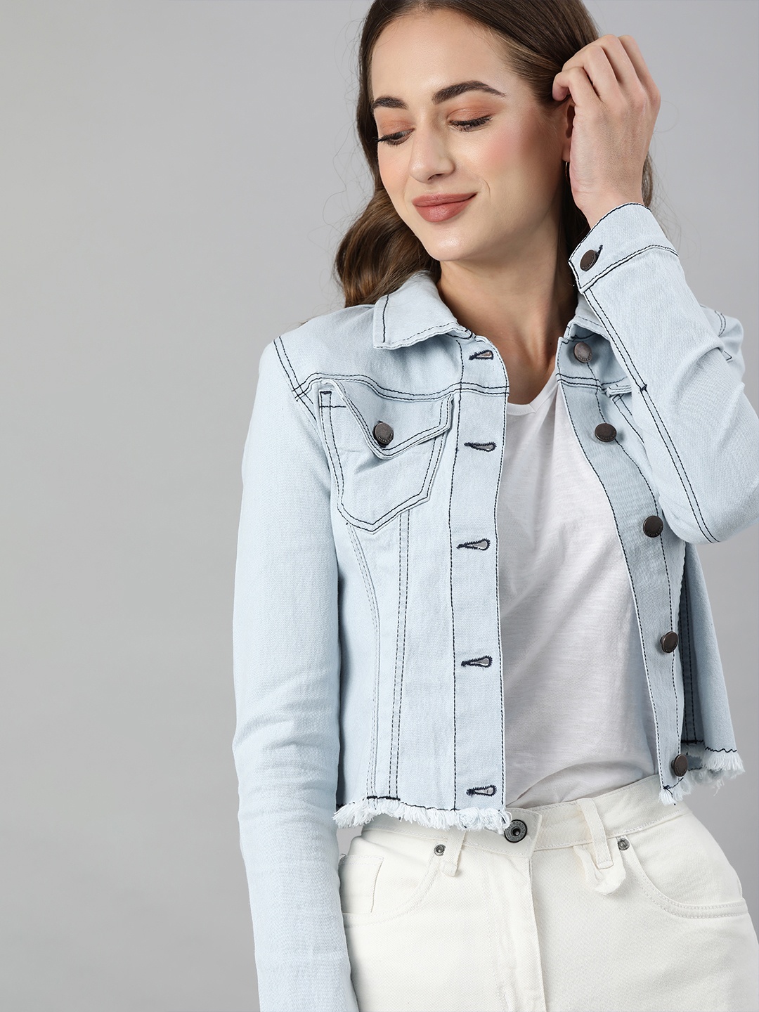 

HERE&NOW Women Blue Solid Crop Denim Jacket