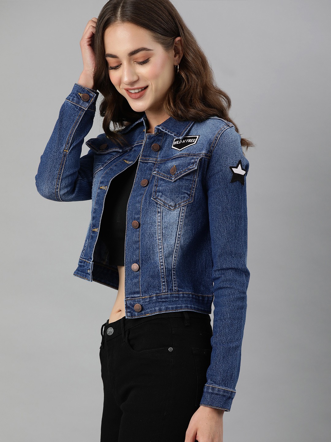 

HERE&NOW Women Blue Washed Crop Denim Jacket with Applique Detail