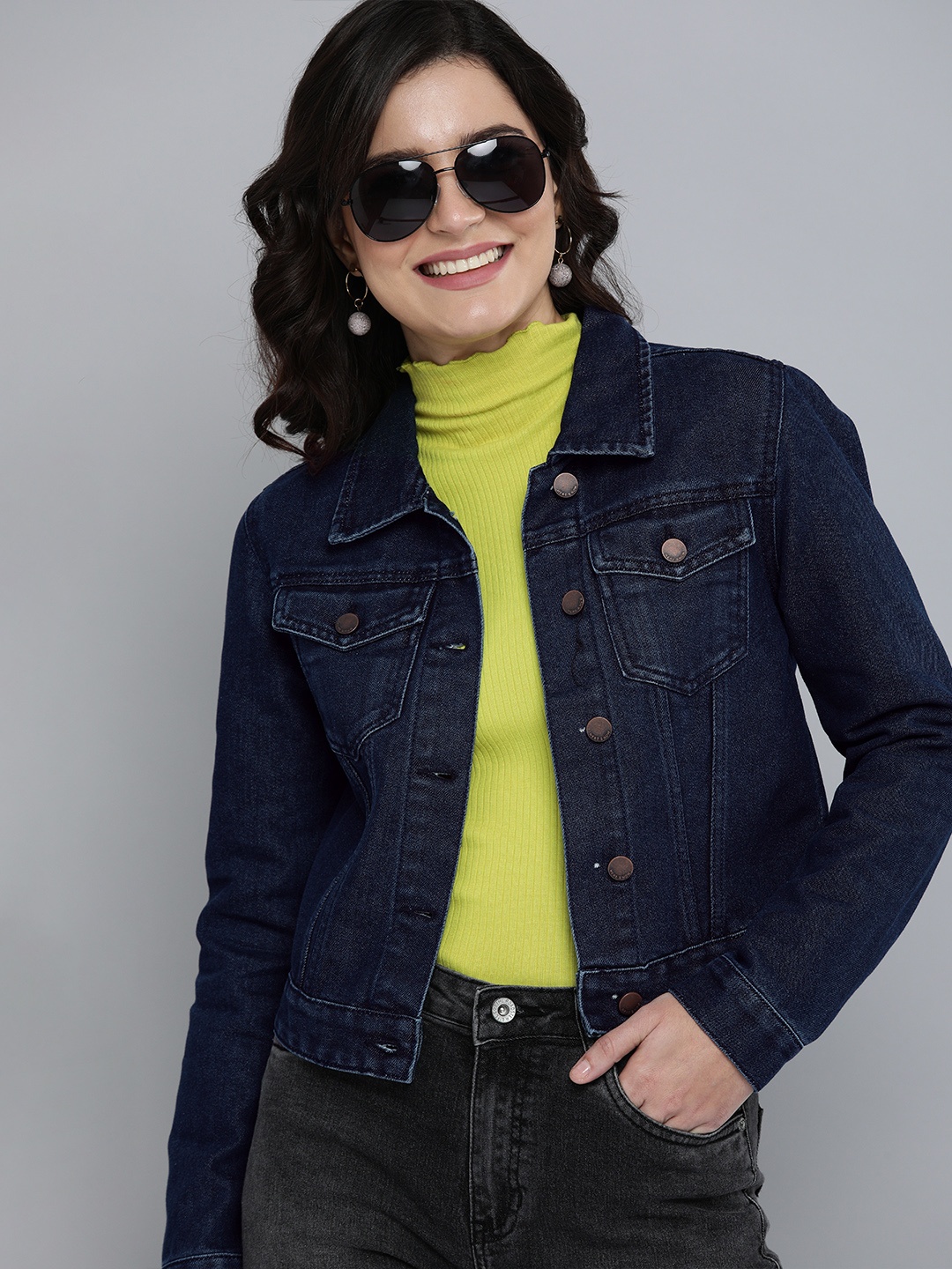 

HERE&NOW Women Navy Blue Solid Denim Jacket