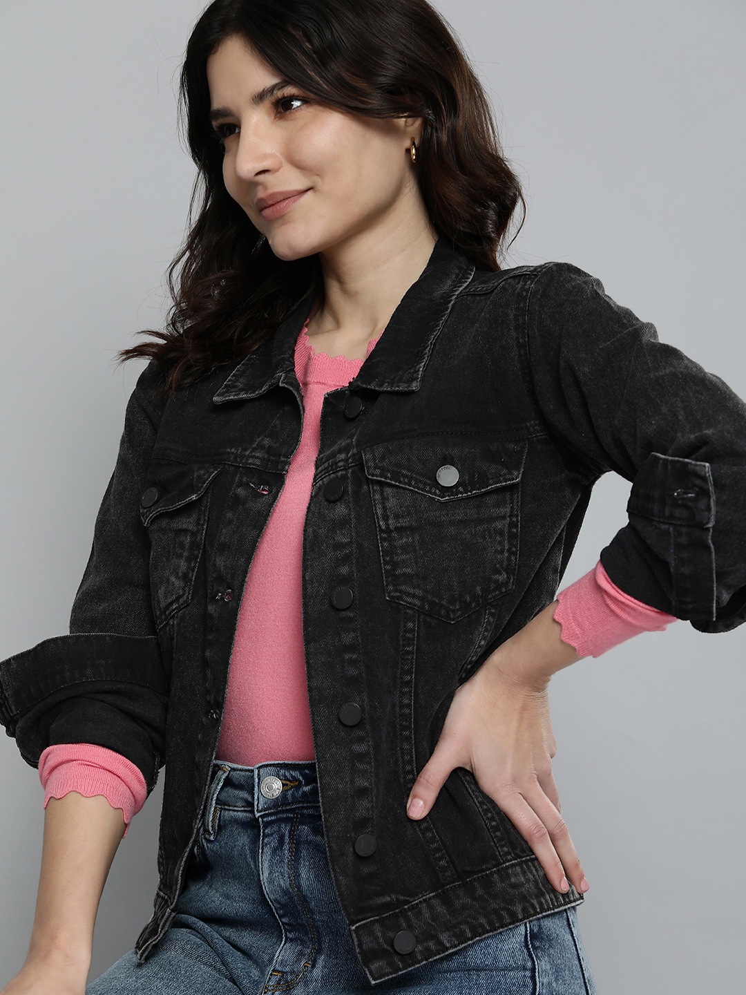 

HERE&NOW Women Black Washed Pure Cotton Denim Trucker