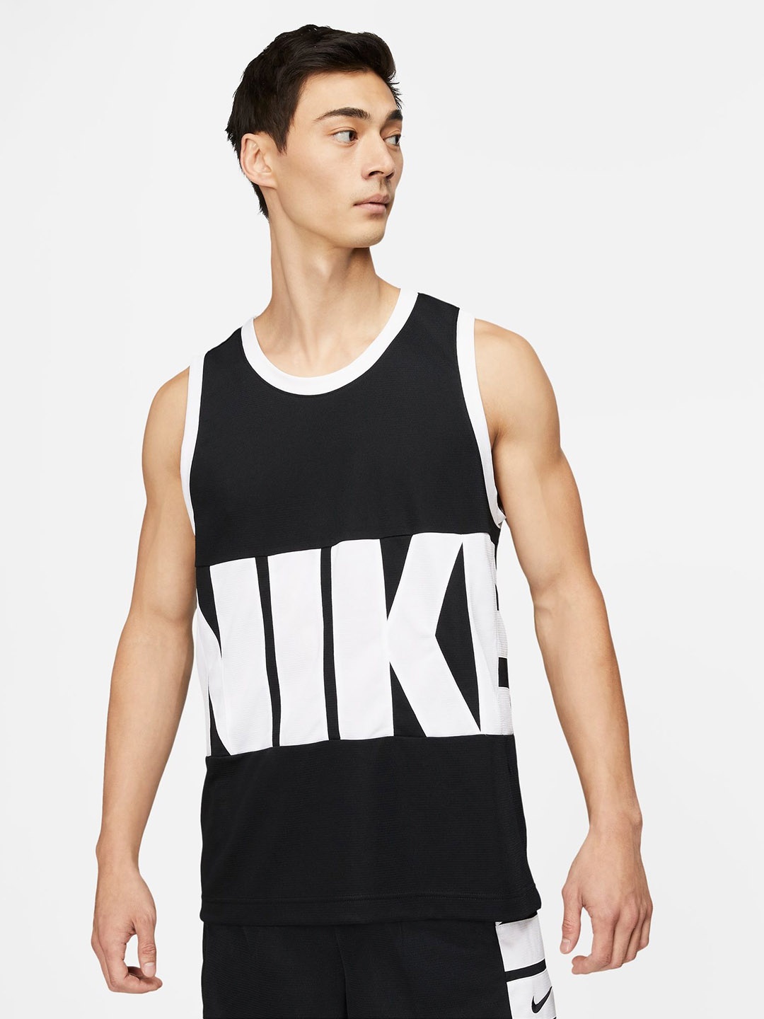 

Nike Men Black & White Dri-FIT Brand Logo Printed Basketball Jersey