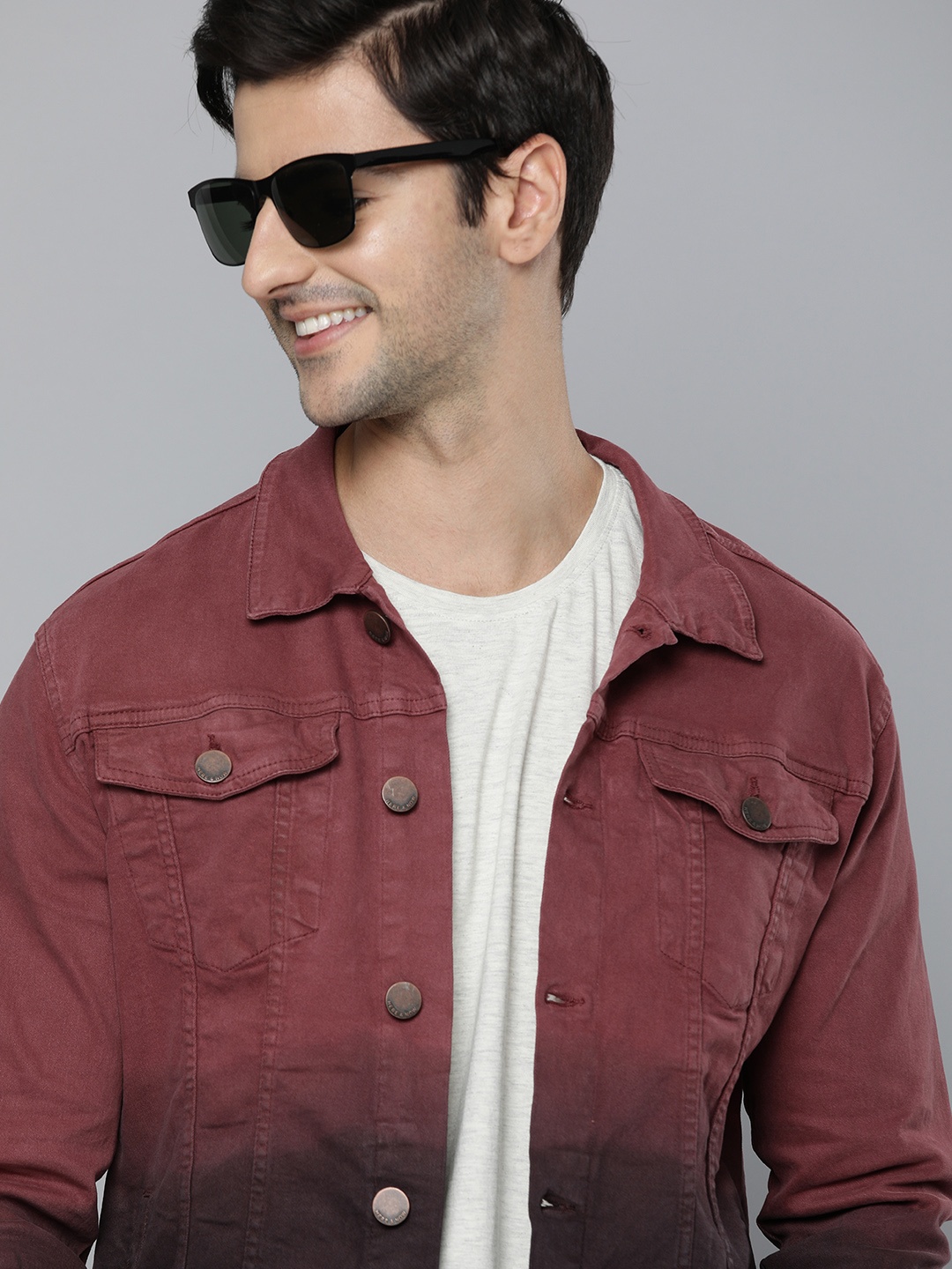 

HERE&NOW Men Burgundy and Black Ombre Denim Jacket