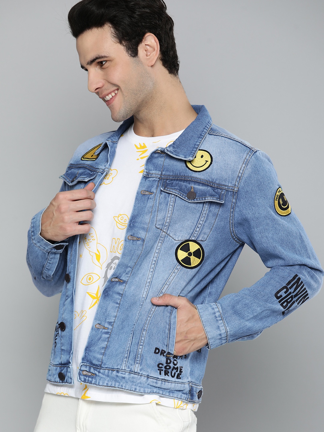 

HERE&NOW Men Blue Graphical Printed Denim Jacket