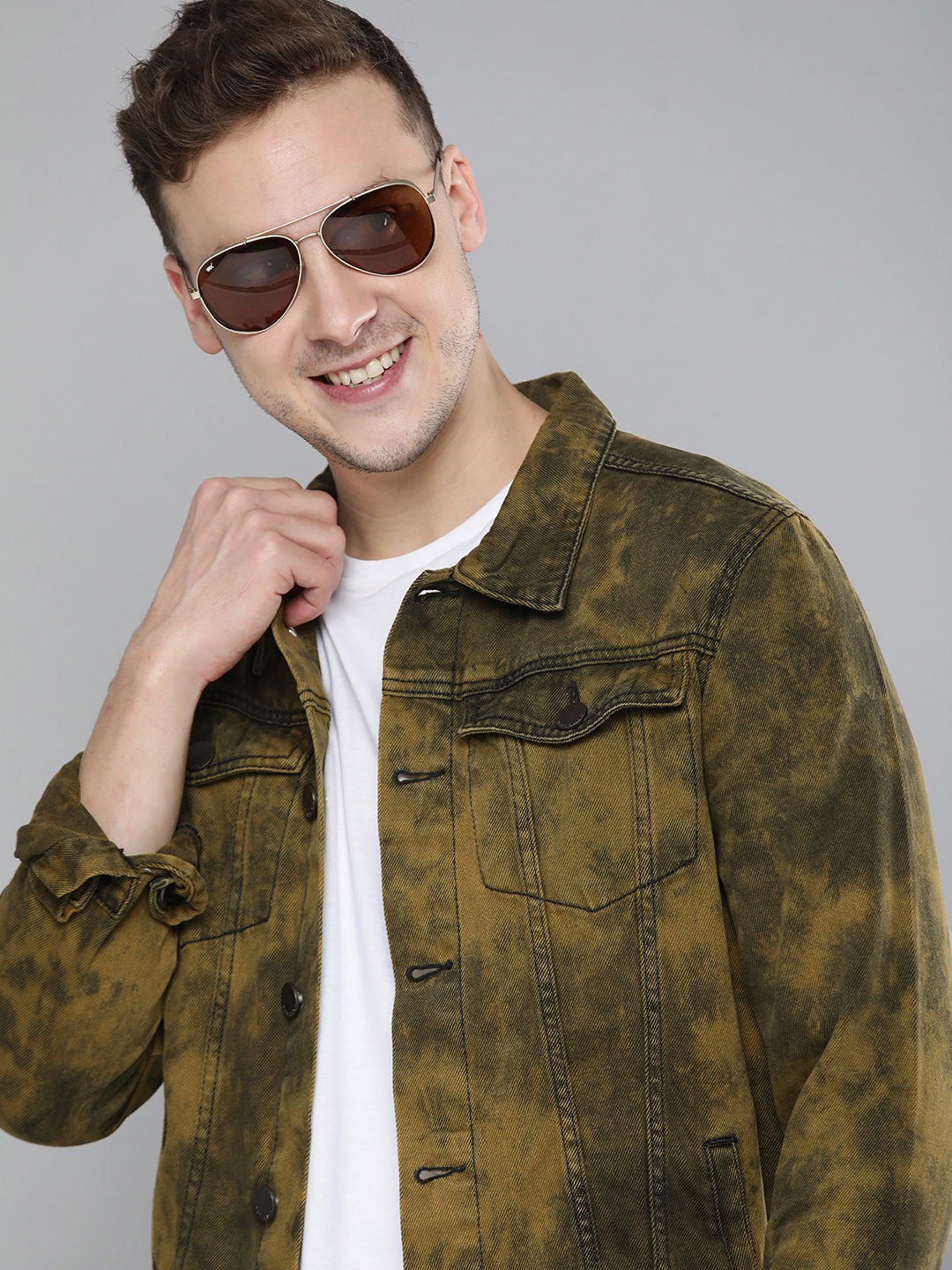 

HERE&NOW Men Khaki Olive Green Tie and Dye Denim Jacket