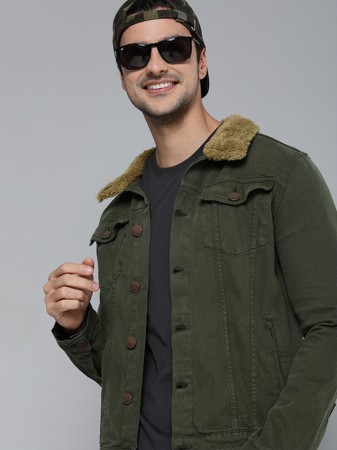 

HERE&NOW Men Green Washed Denim Jacket with Sherpa Collar