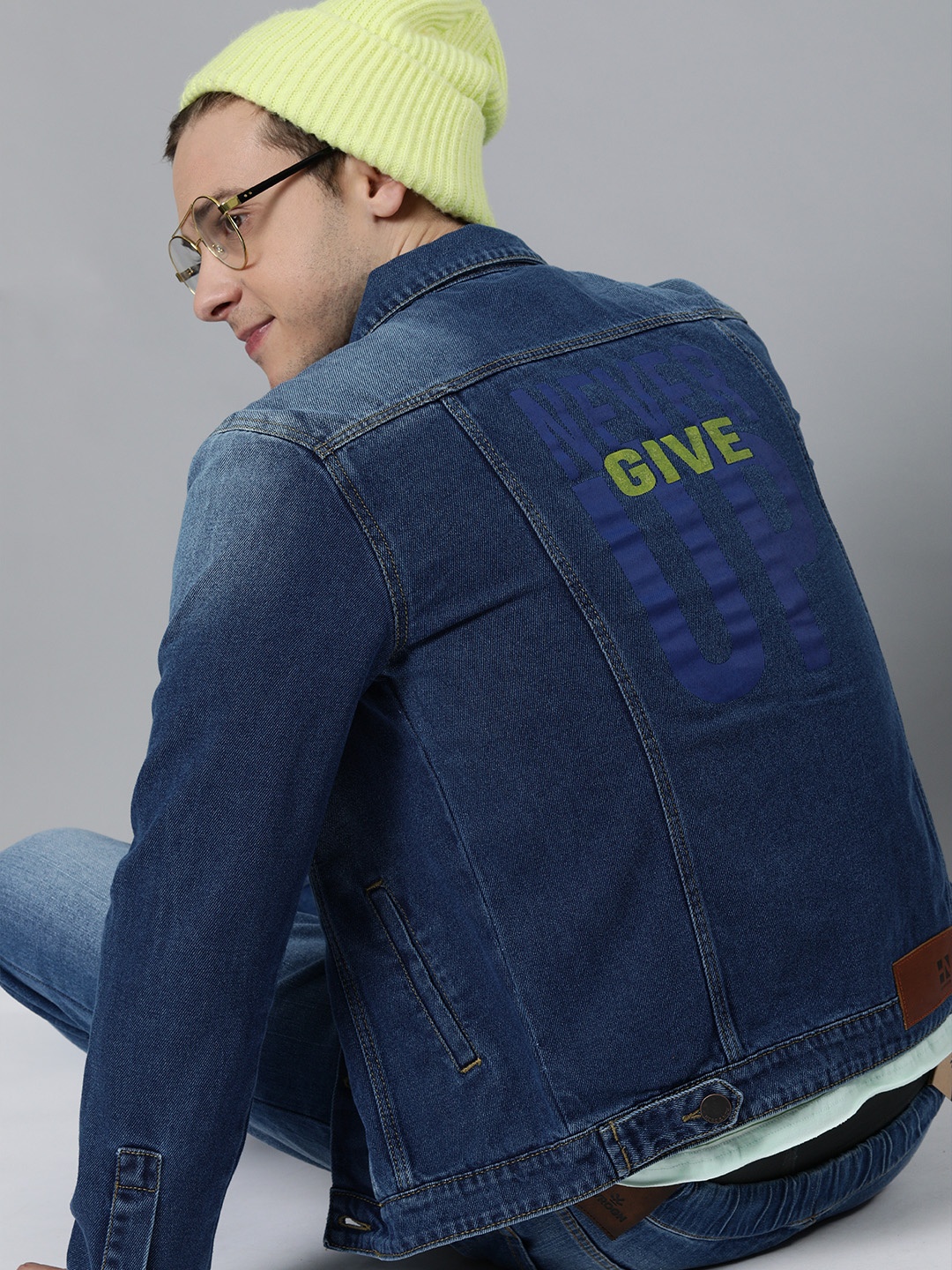 

HERE&NOW Men Blue Typography Printed Pure Cotton Denim Jacket