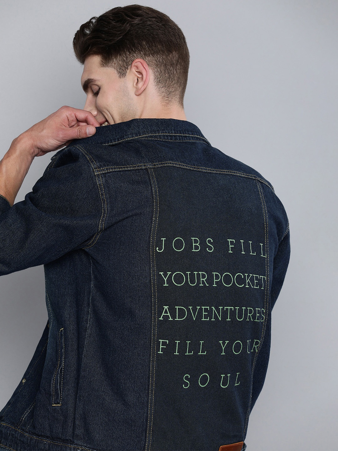 

HERE&NOW Men Navy Blue Printed Denim Jacket