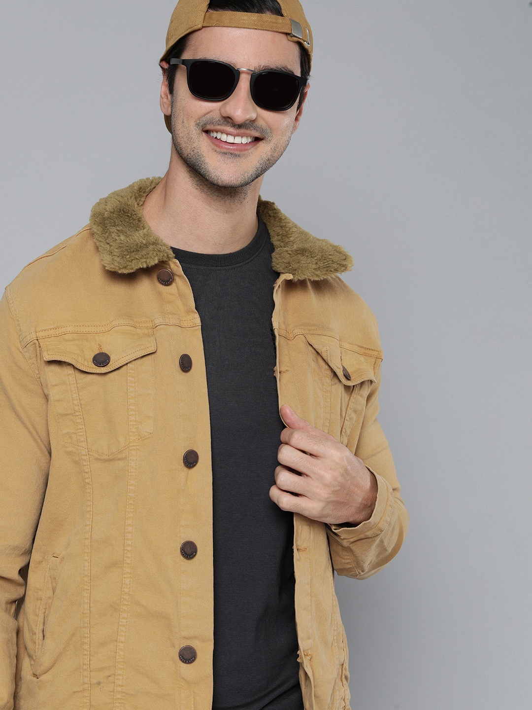 

HERE&NOW Men Khaki Washed Denim Jacket with Sherpa Collar