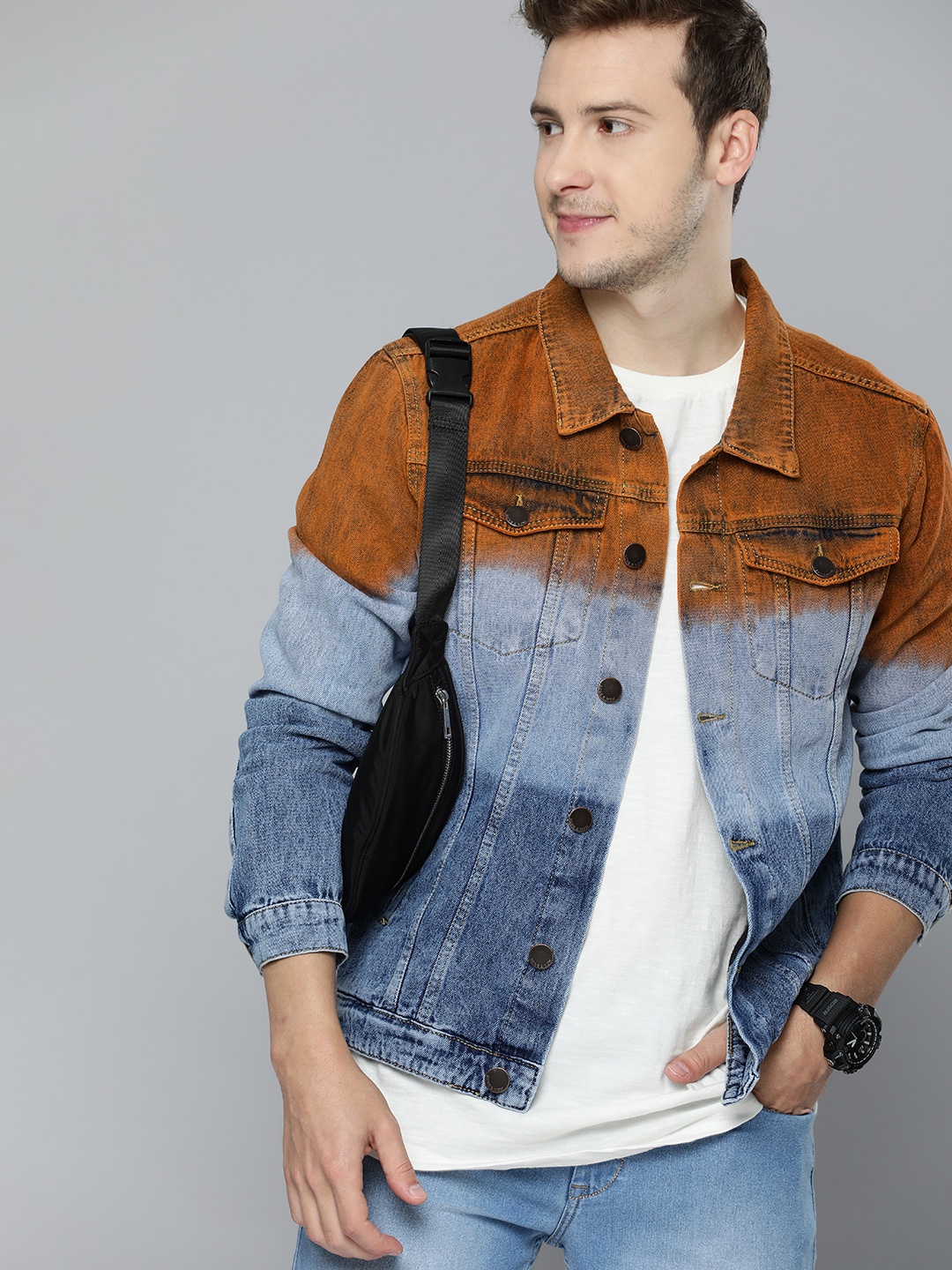 

HERE&NOW Men Brown & Blue Ombre Pure Cotton Denim Jacket