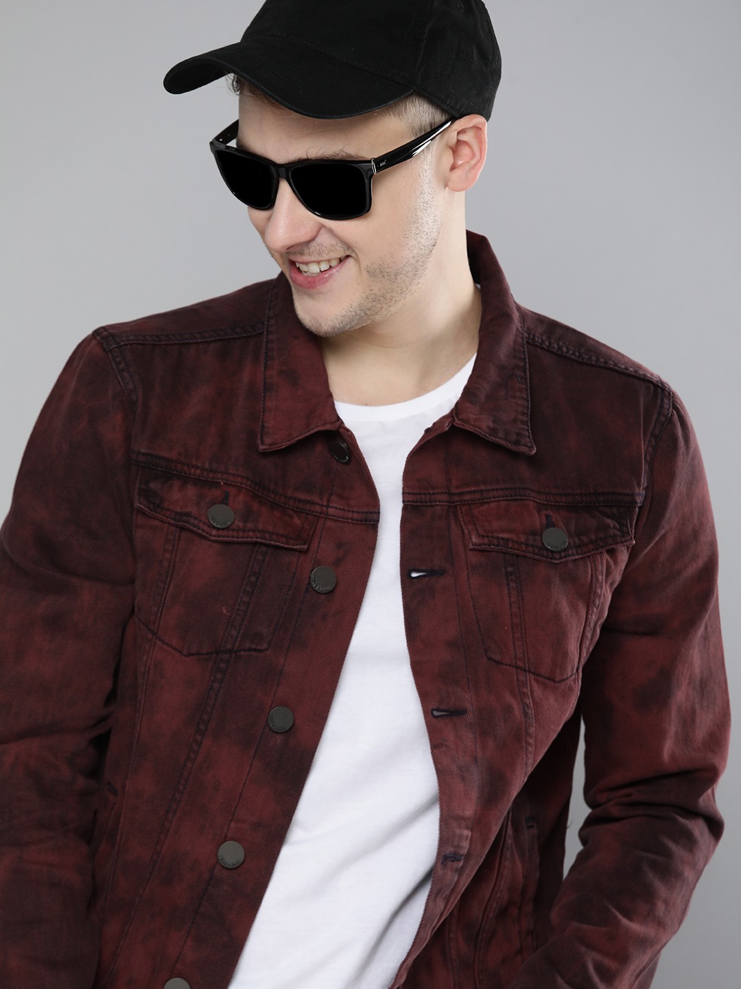 

HERE&NOW Men Burgundy Tie and Dye Denim Jacket