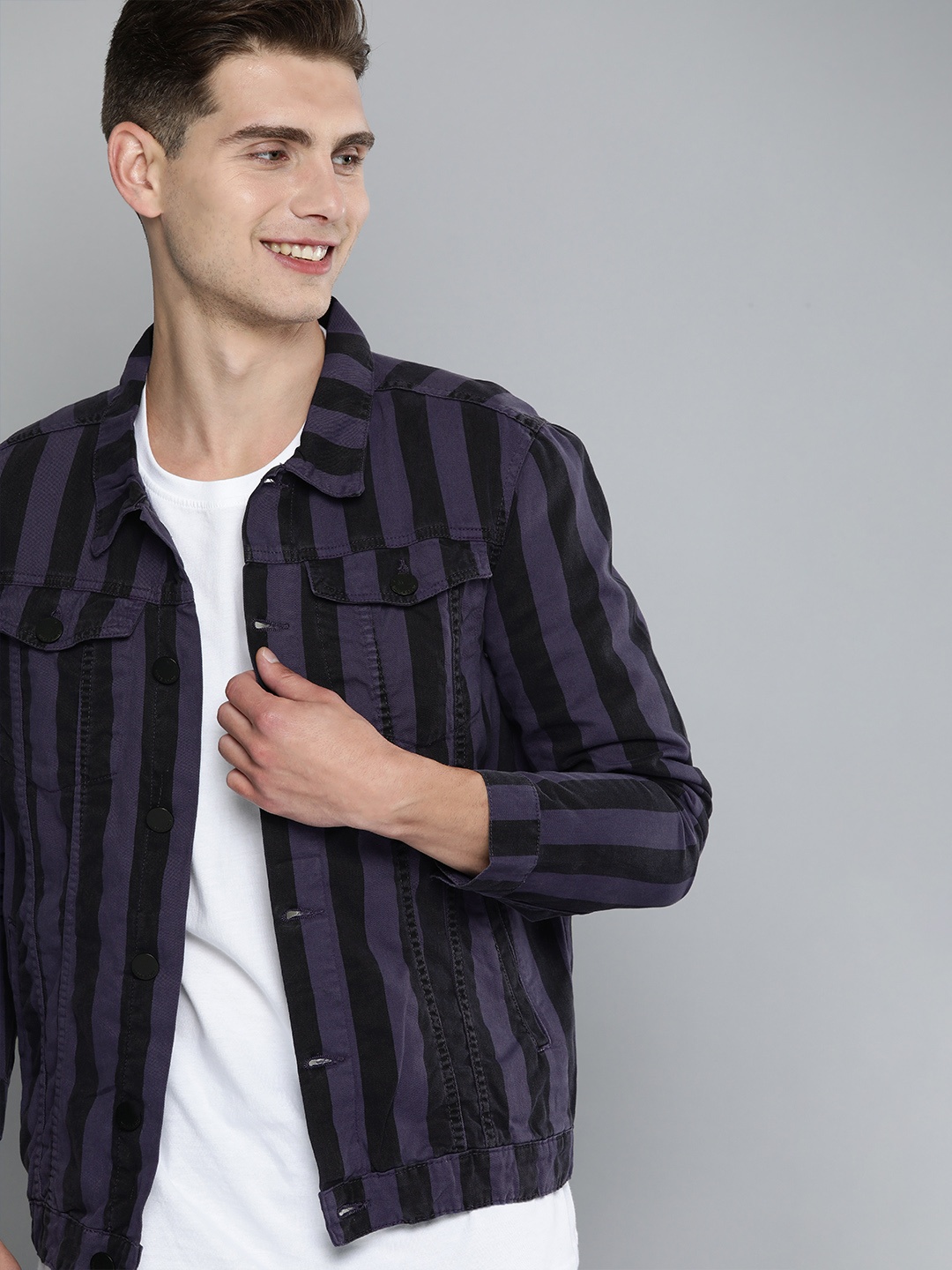 

HERE&NOW Men Purple & Black Striped Tailored Jacket