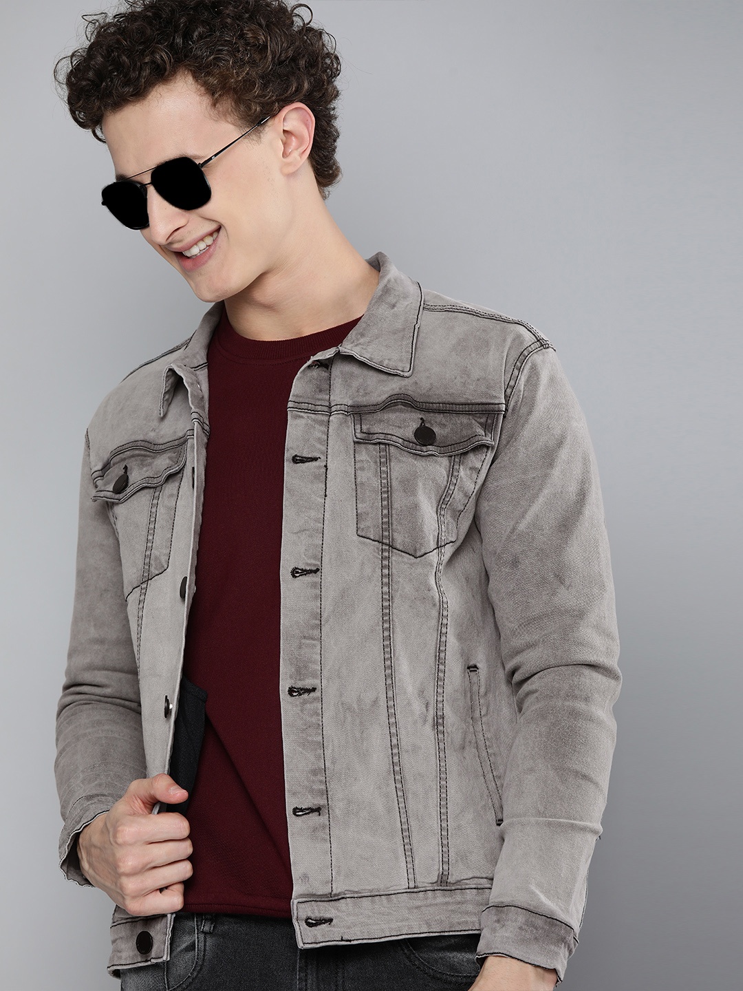 

HERE&NOW Men Grey Solid Denim Jacket