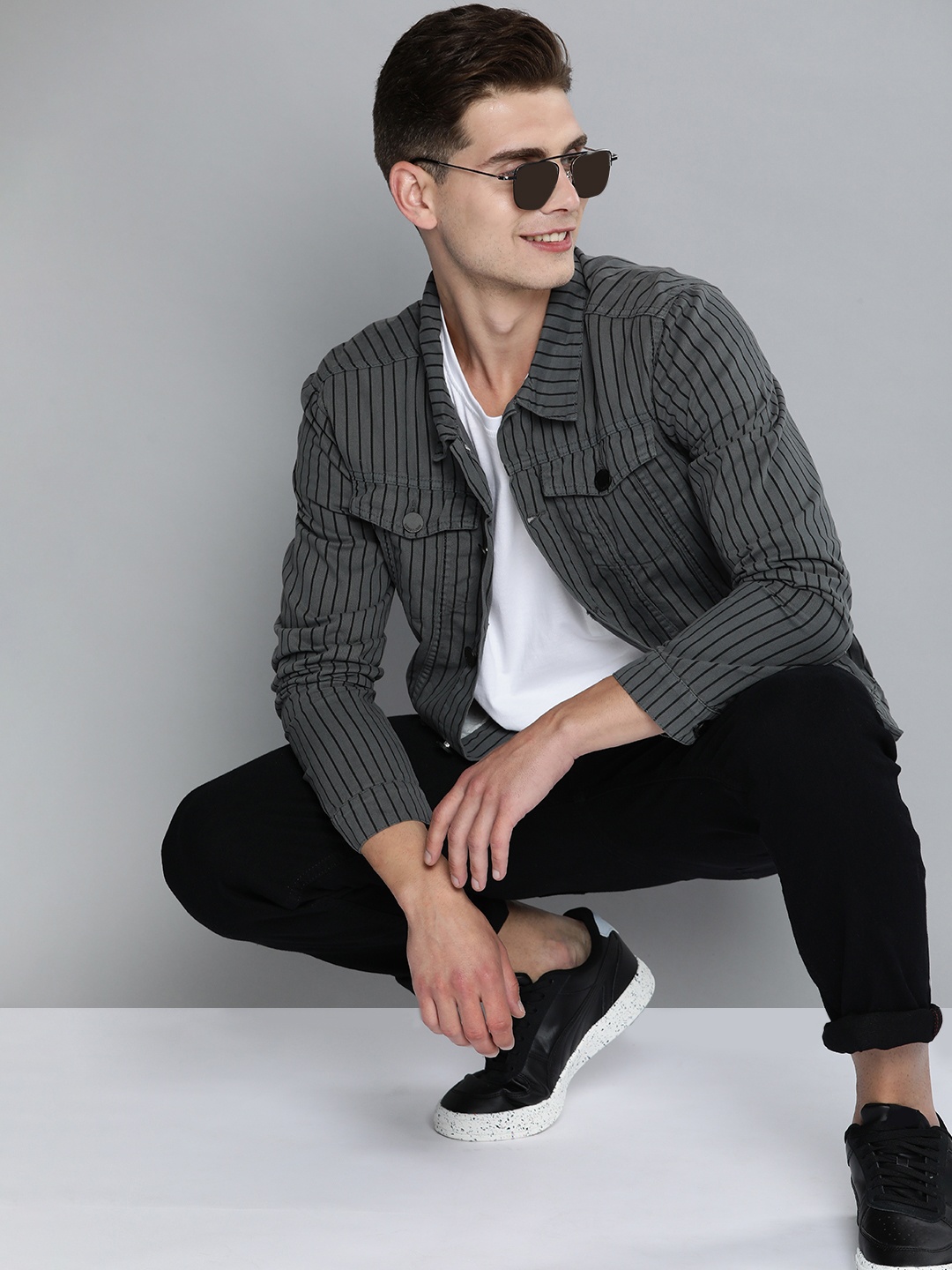

HERE&NOW Men Grey & Black Striped Tailored Jacket